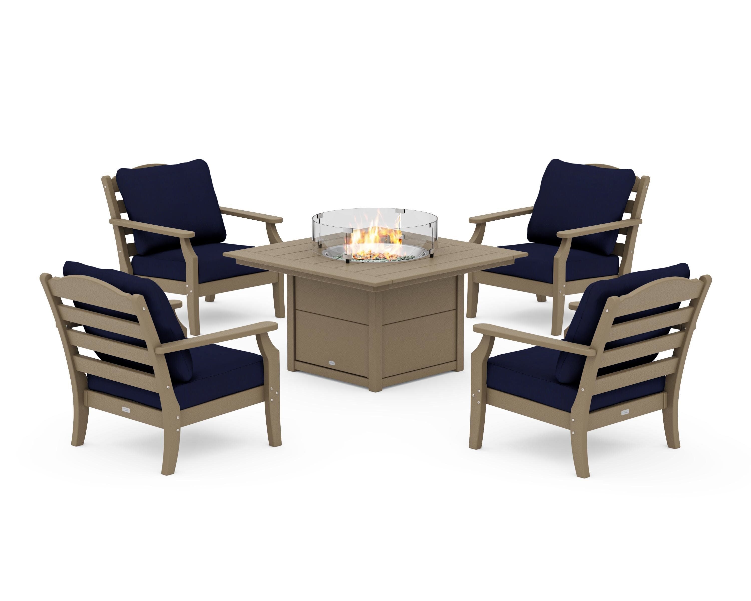 Savannah 5-Piece Deep Seating Set with Fire Pit Table in Vintage Sahara / Navy