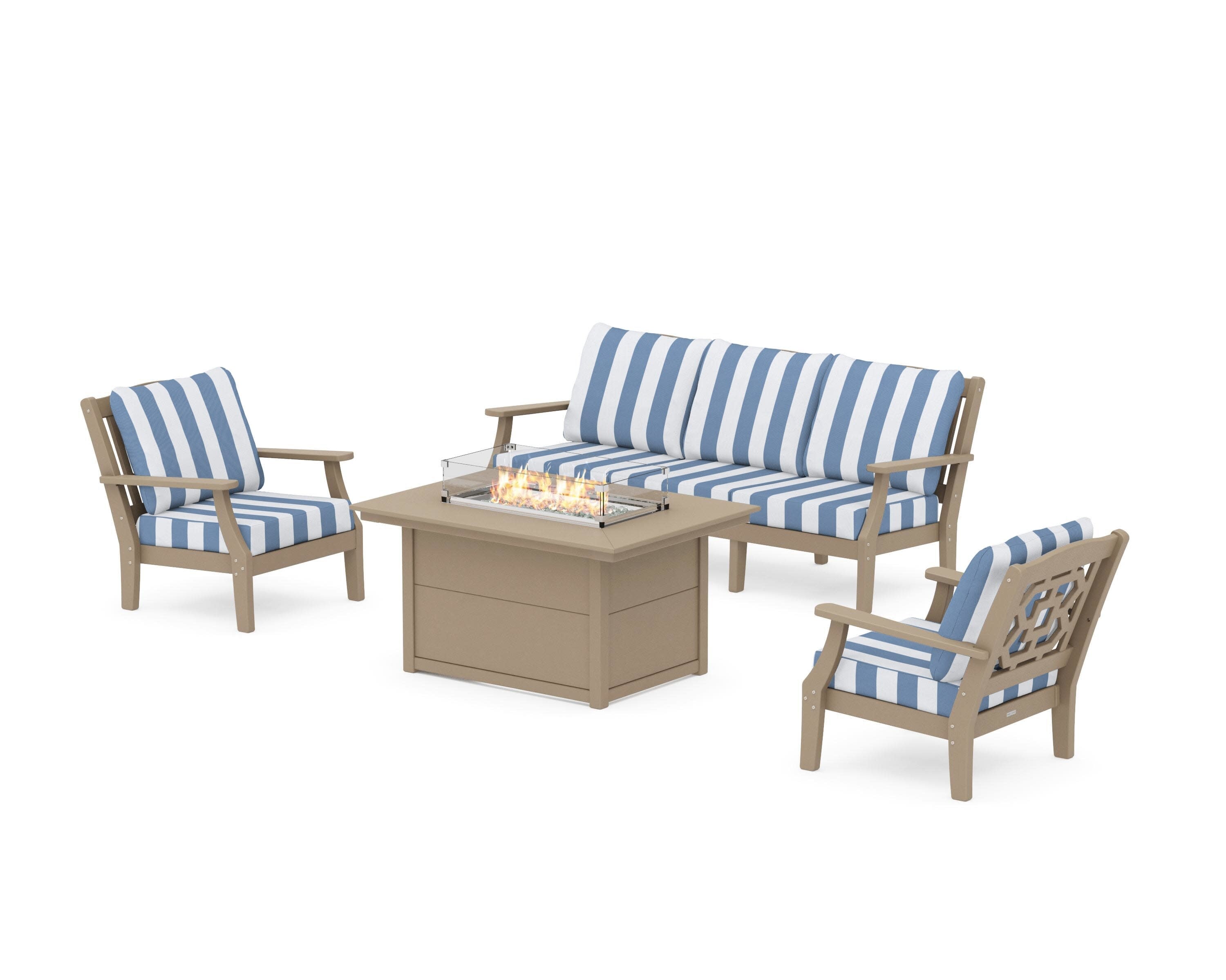 Chinoiserie Deep Seating Fire Pit Table Set in Vintage Sahara / Cabana Stripe Sky Blue