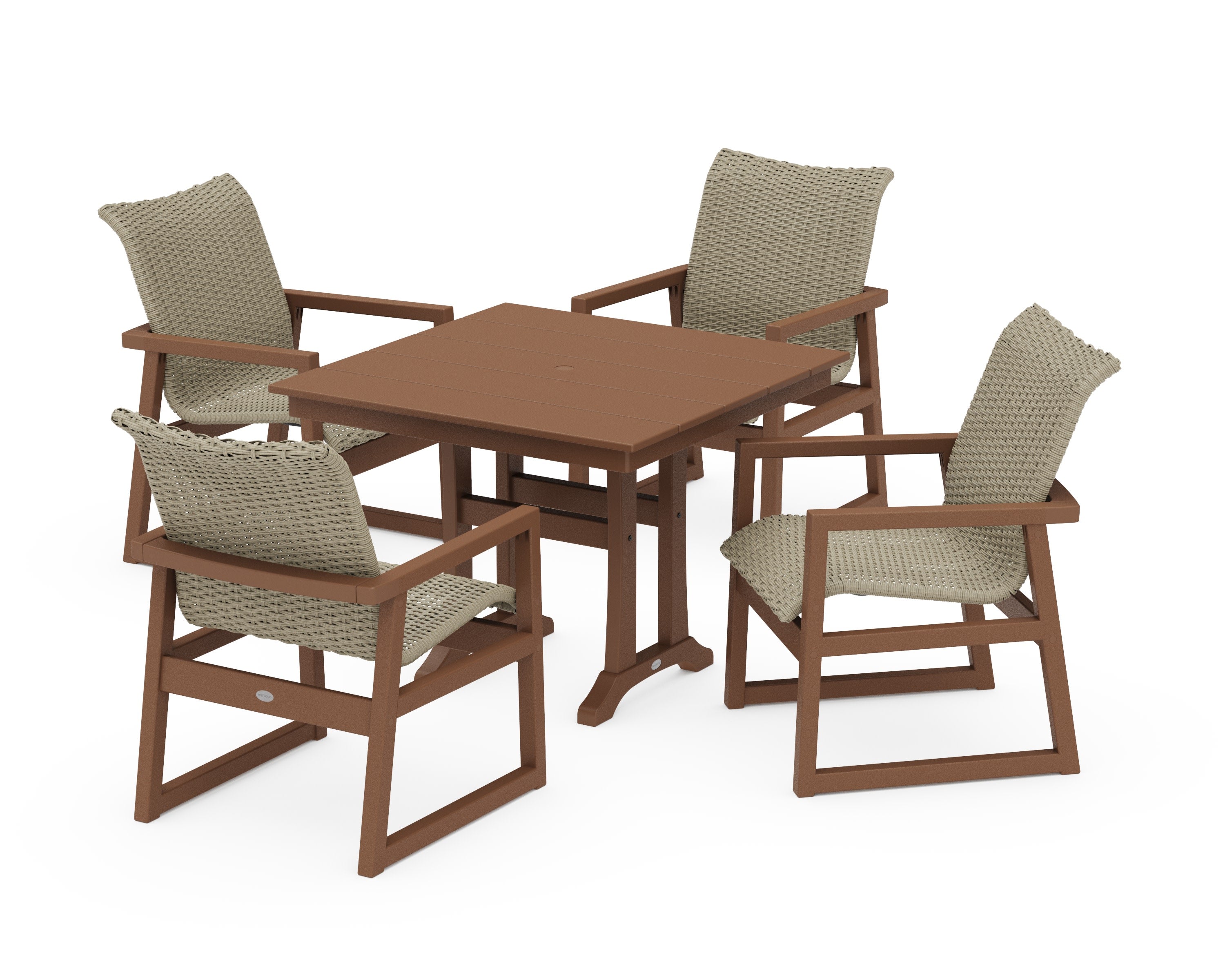 EDGE Woven 5-Piece Farmhouse Dining Set with Trestle Legs in Teak / Dune Grass