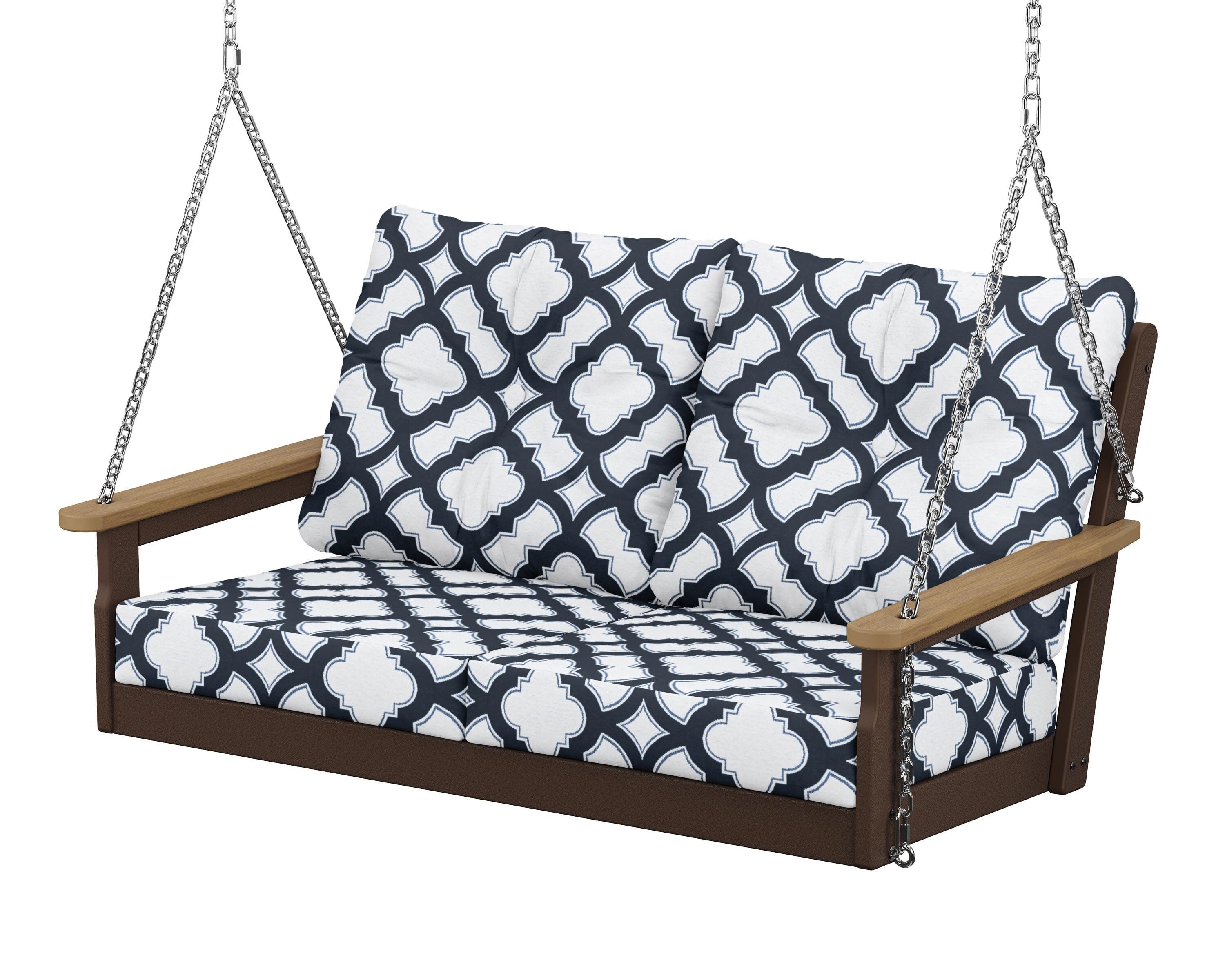 Vineyard Deep Seating Swing in Mahogany / Natural / Trellis Marine Indigo