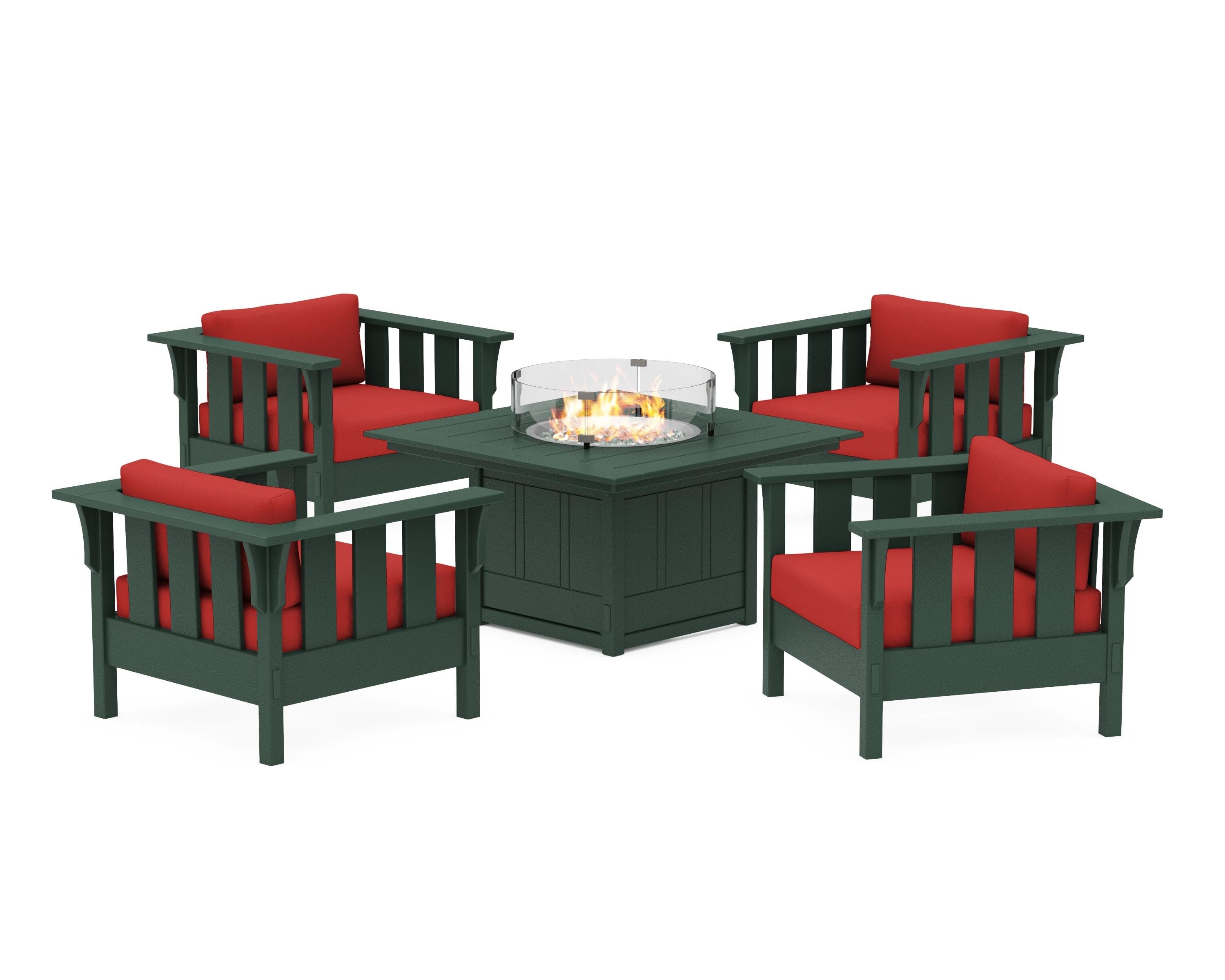 Acadia 5-Piece Deep Seating Set with Fire Pit Table in Green / Crimson Linen
