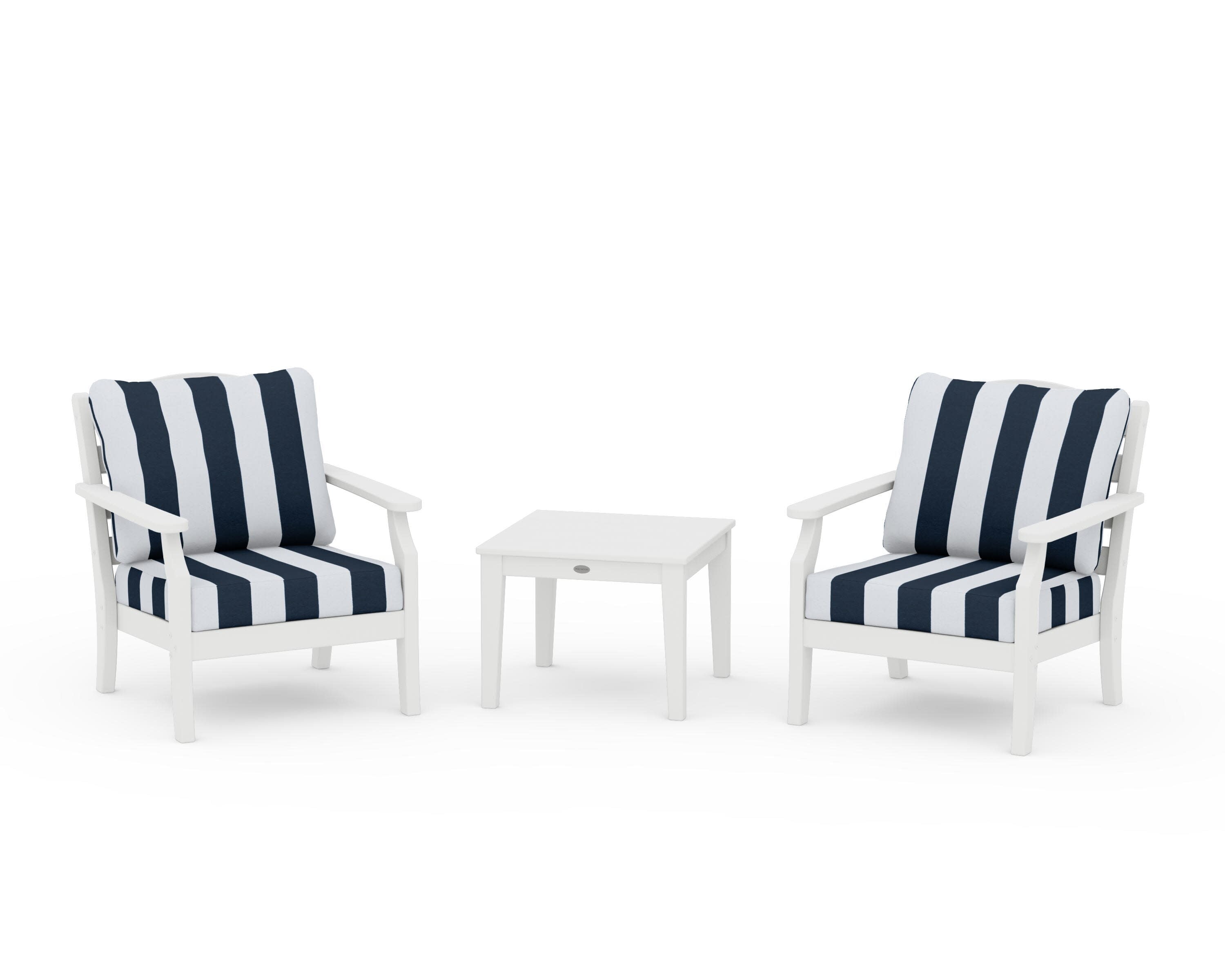 Savannah 3-Piece Deep Seating Set in White / Cabana Stripe Marine Indigo