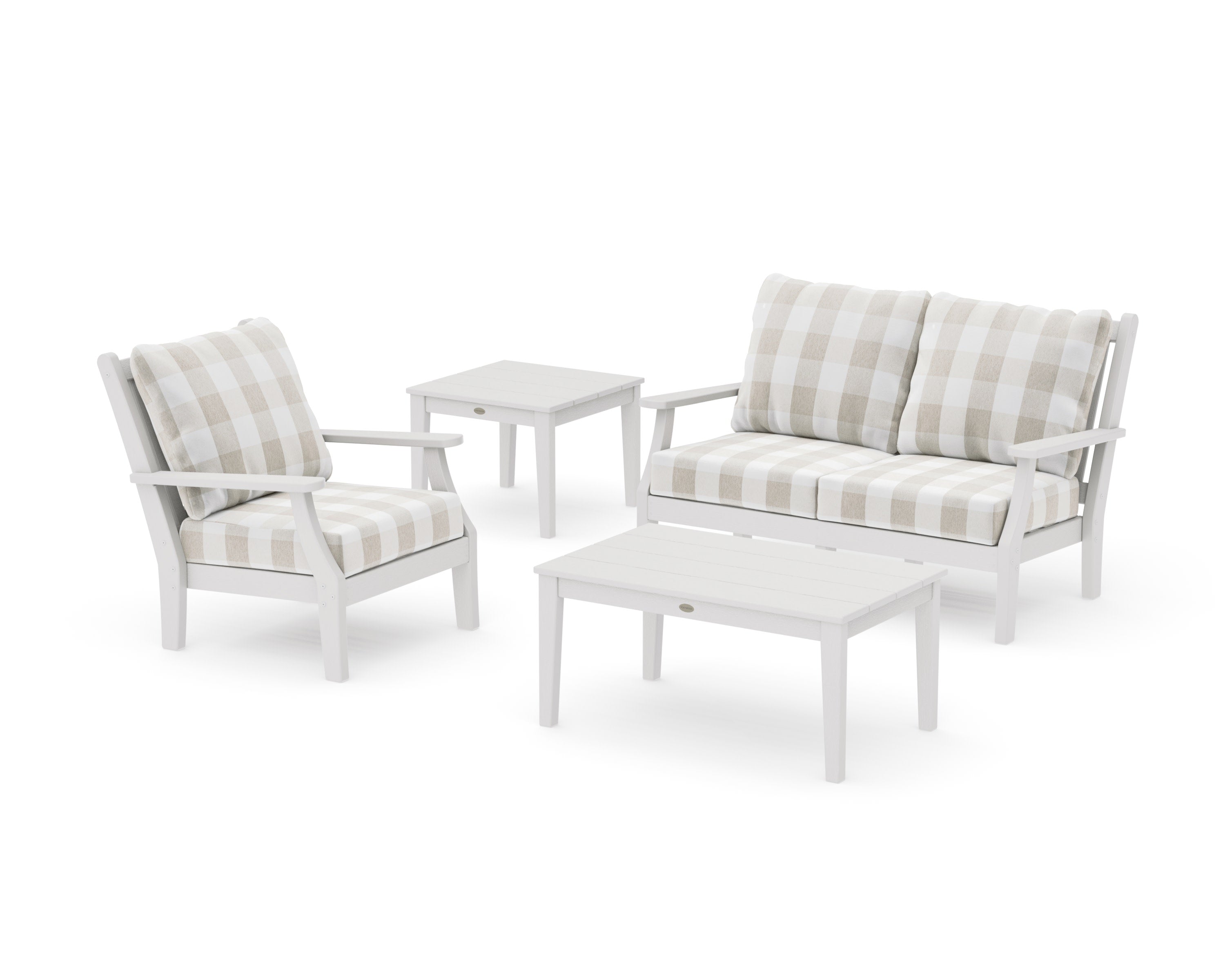 Wovendale 4-Piece Deep Seating Set in Vintage White / Buffalo Plaid Dune Burlap