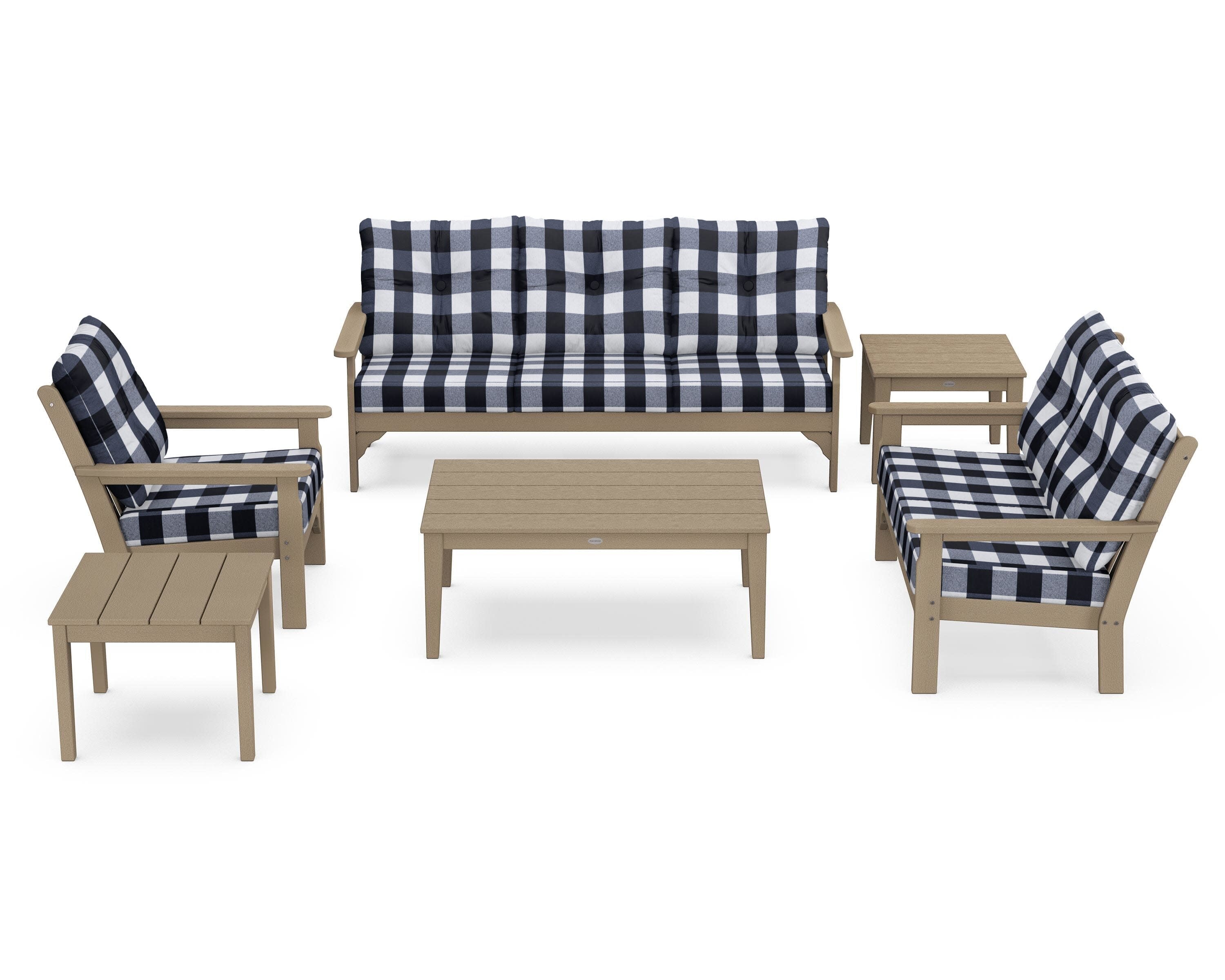 Vineyard 6-Piece Deep Seating Set in Vintage Sahara / Buffalo Plaid Marine Indigo