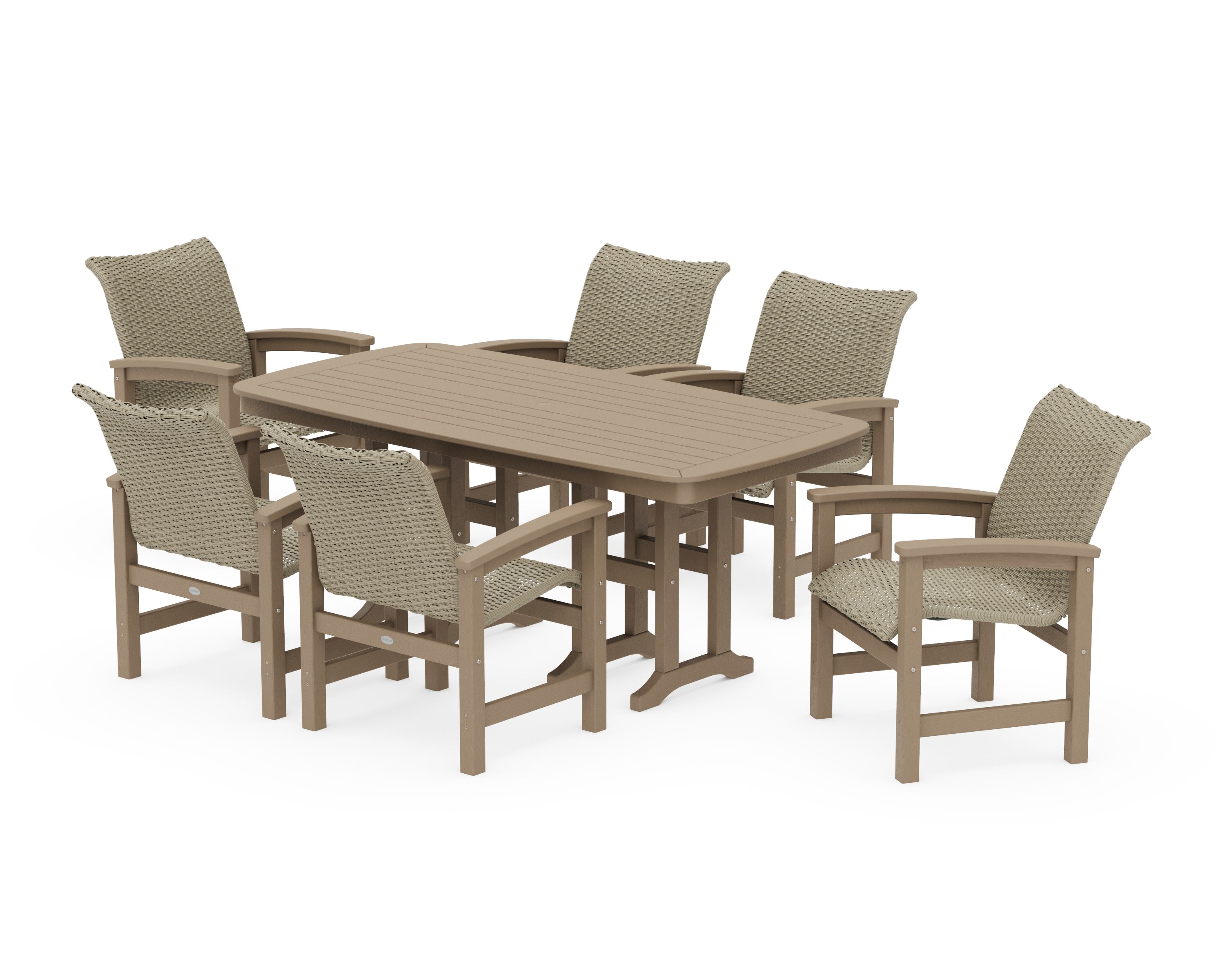 Coastal Woven Arm Chair 7-Piece Dining Set in Vintage Sahara / Dune Grass
