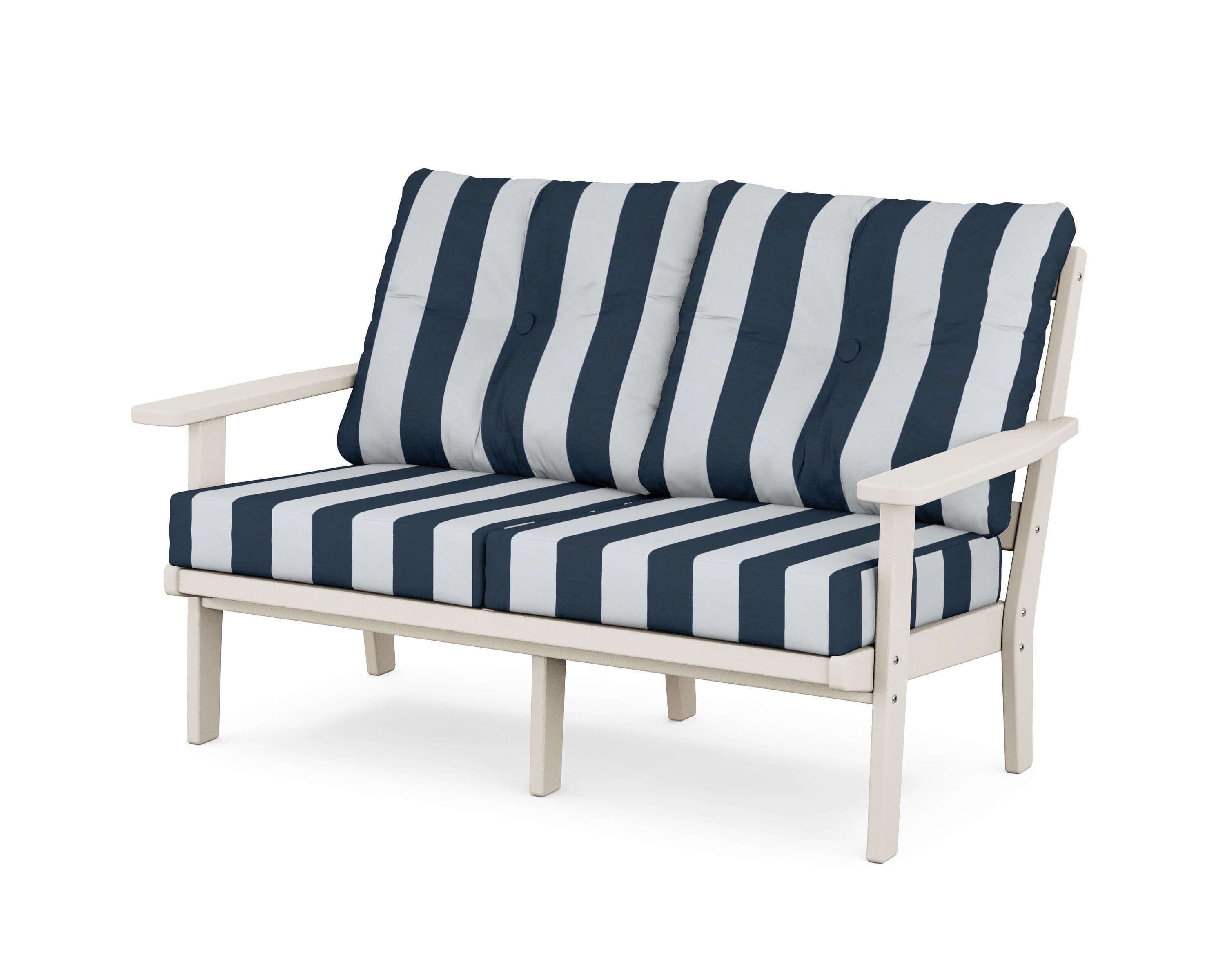 Prairie Deep SeatingLoveseat in Sand / Cabana Stripe Marine Indigo