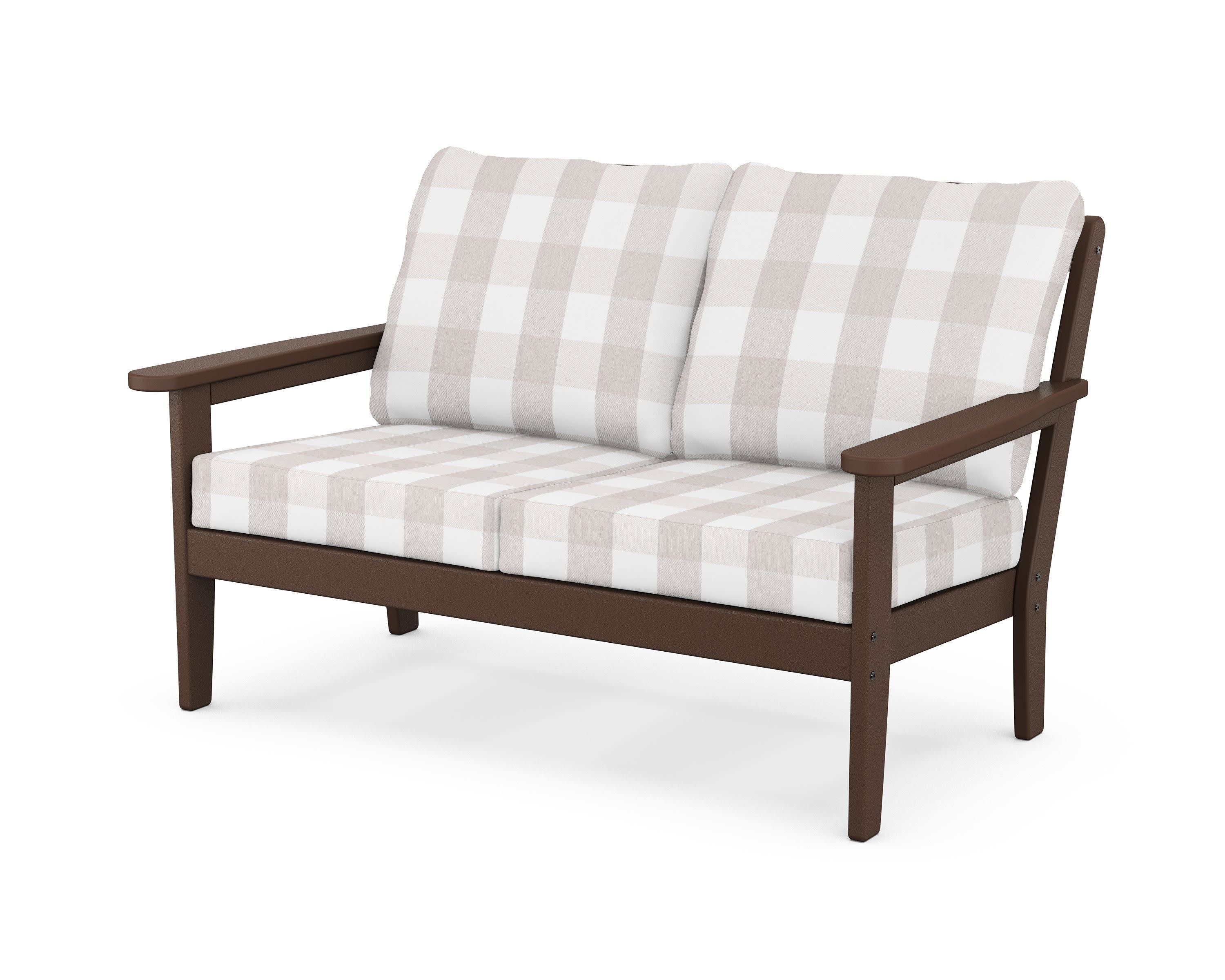 Cottage Deep Seating Loveseat in Mahogany / Buffalo Plaid Dune Burlap