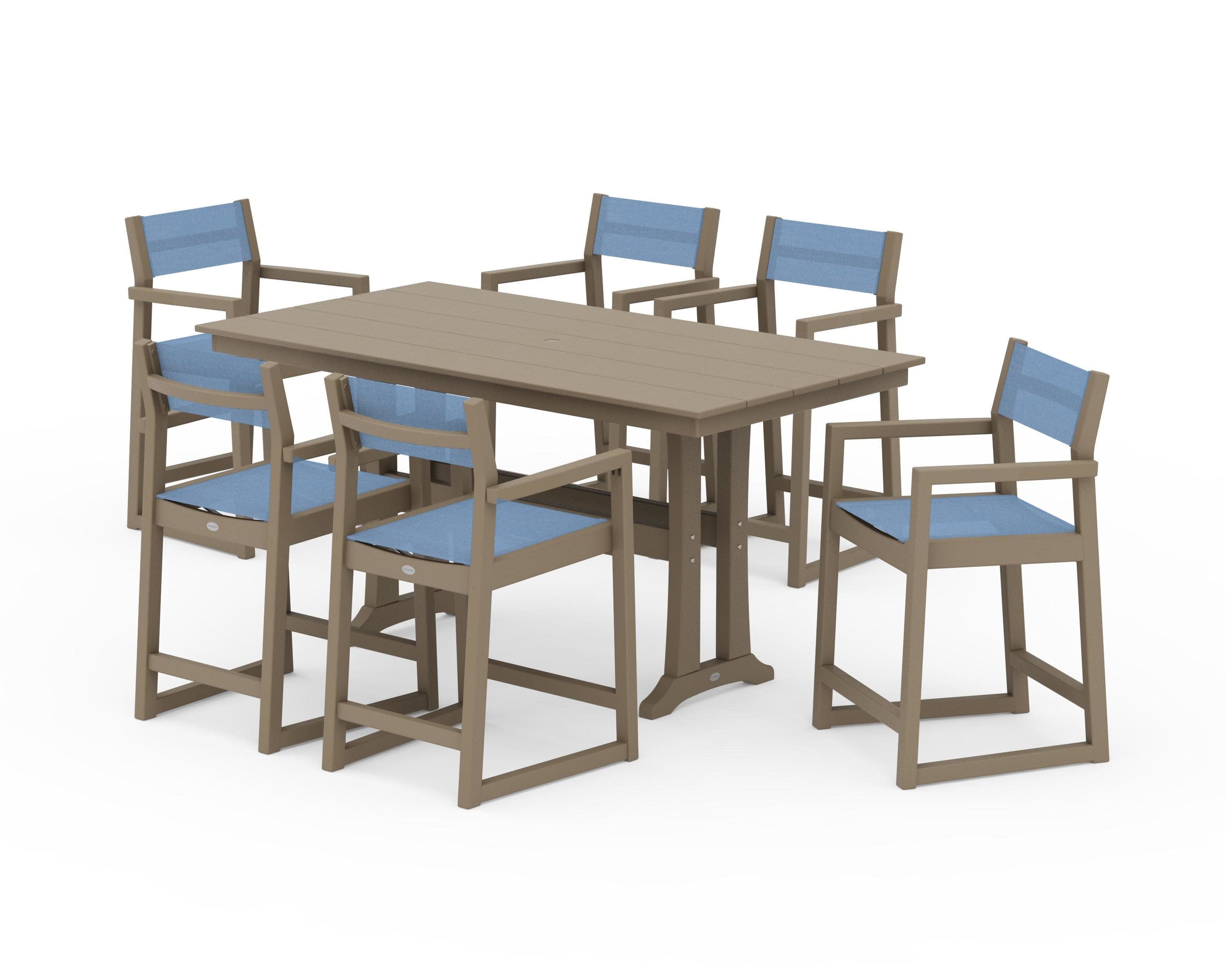 EDGE Sling Arm Chair 7-Piece Farmhouse Counter Set with Trestle Legs in Vintage Sahara / Poolside Sling