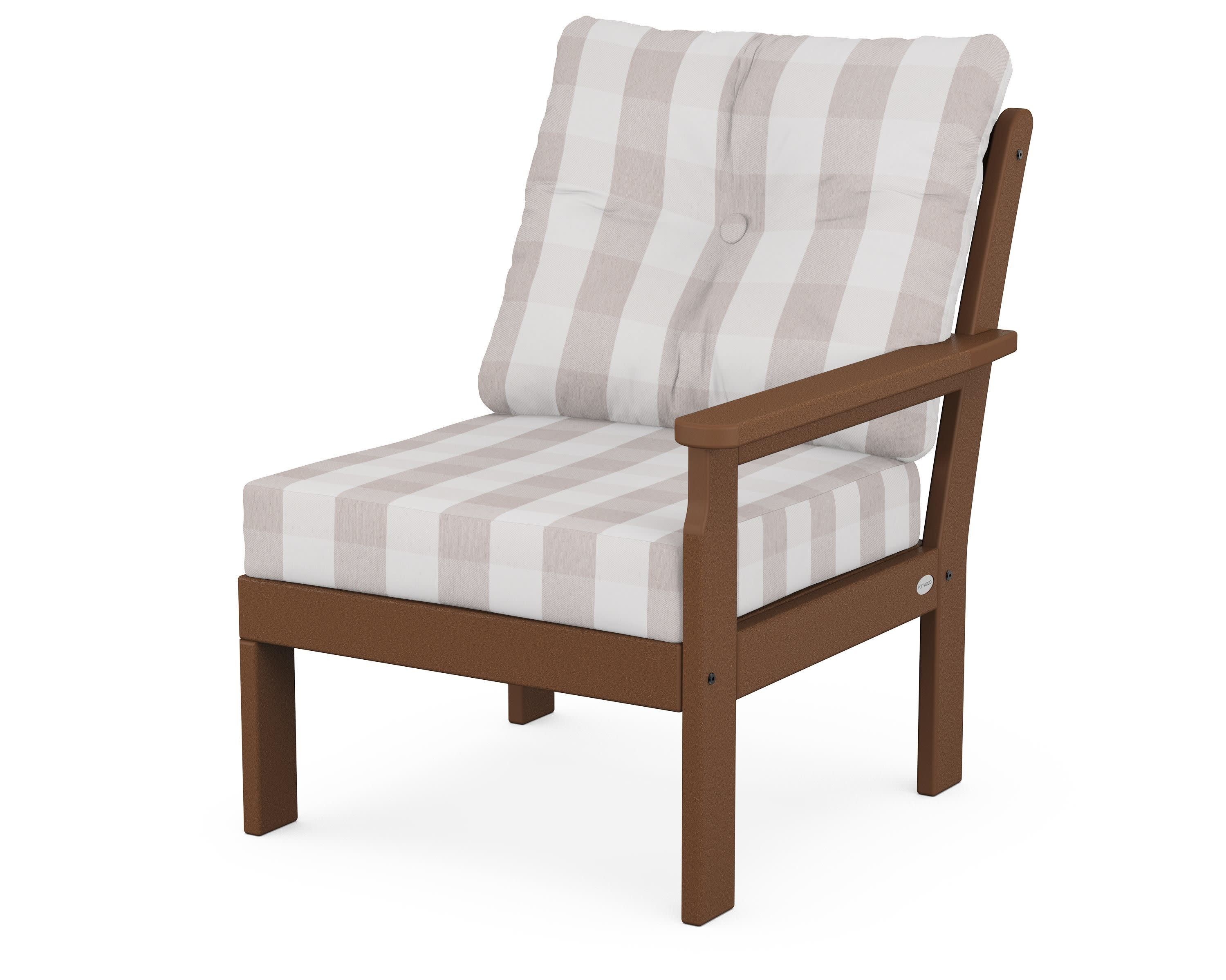 Vineyard Modular Right Arm Chair in Teak / Buffalo Plaid Dune Burlap