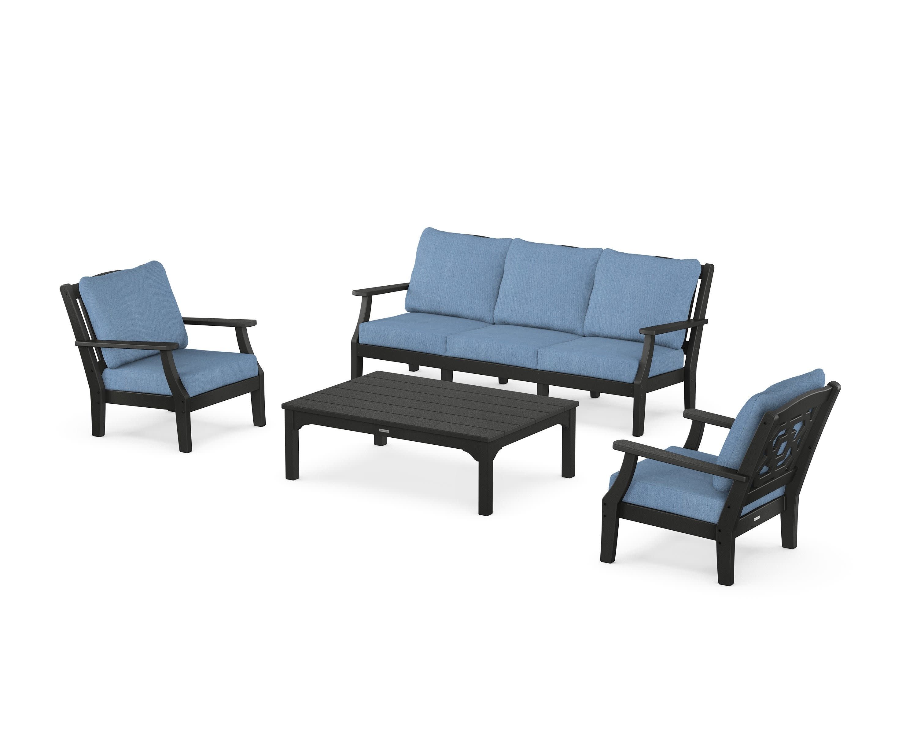 Chinoiserie 4-Piece Deep Seating Set with Sofa in Black / Sky Blue