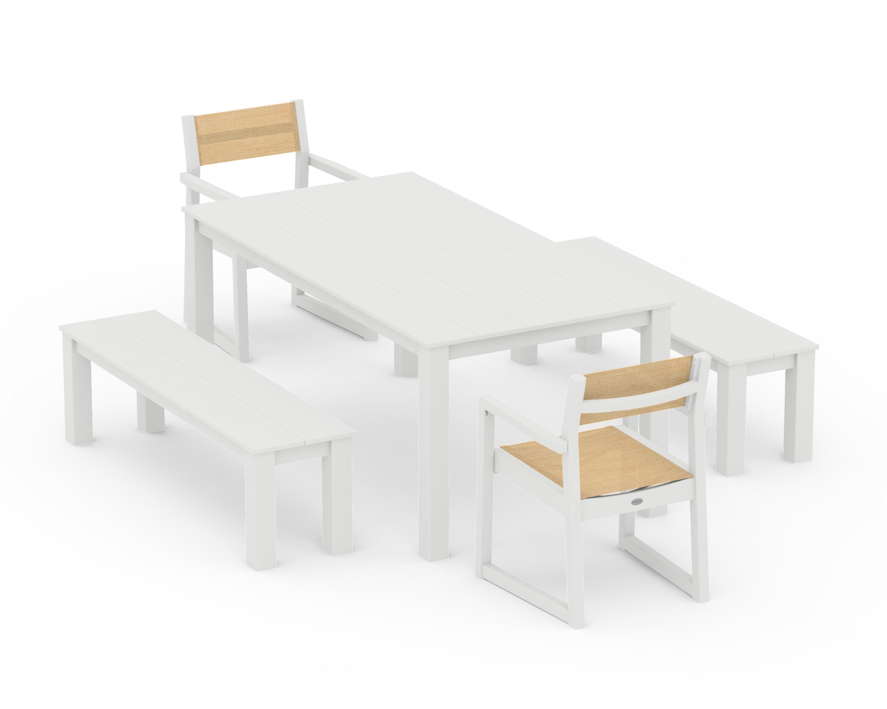 EDGE Sling Arm Chair 5-Piece Parsons Dining Set with Benches in Vintage White / Dupioni Apricot Sling