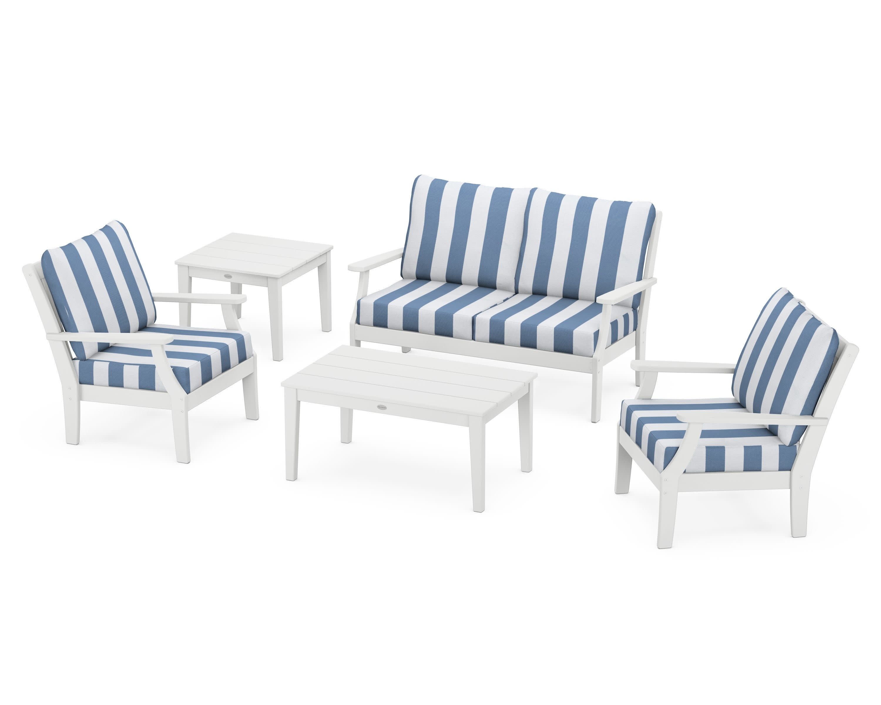 Braxton 5-Piece Deep Seating Set in White / Cabana Stripe Sky Blue