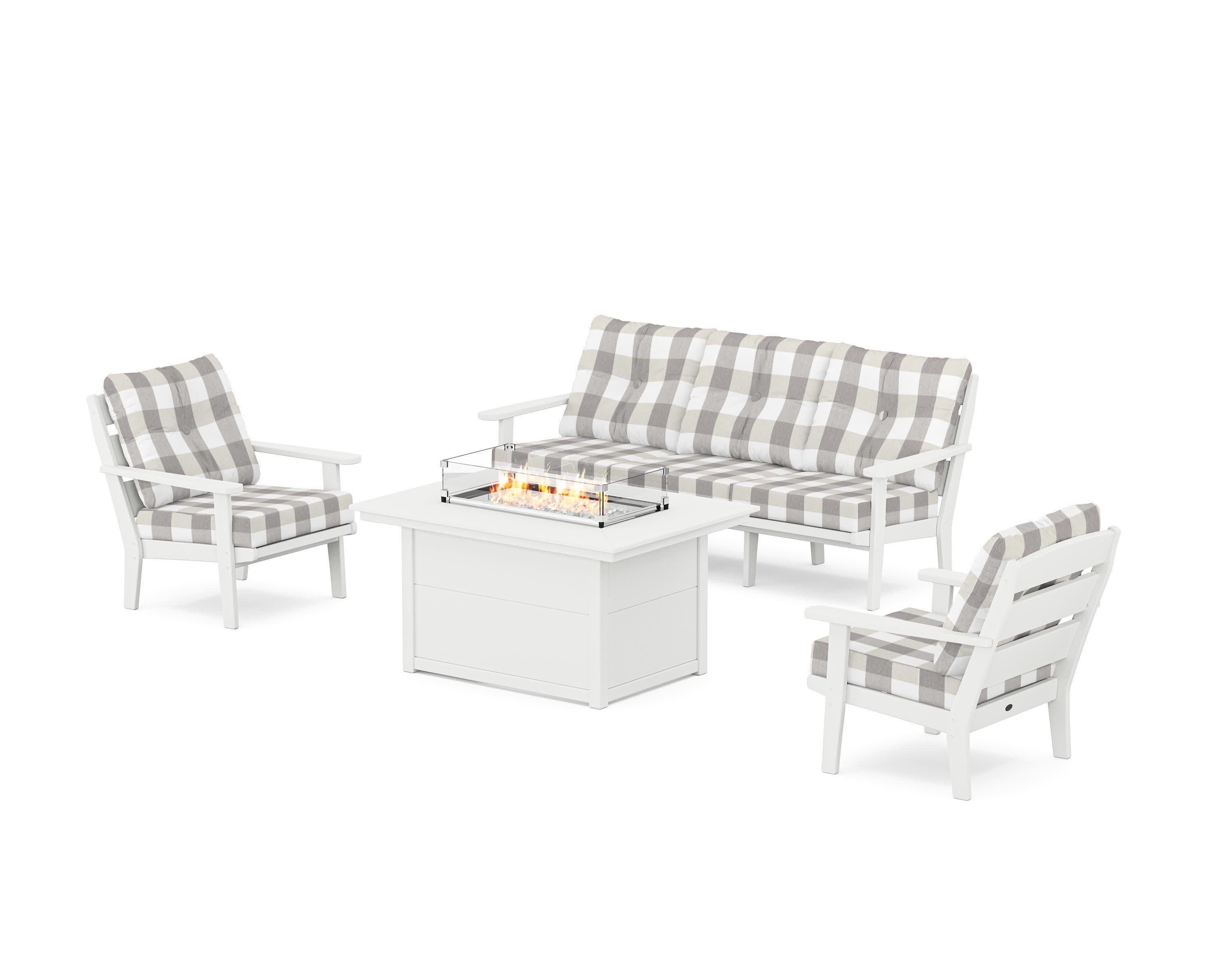 Lakeside Deep Seating Fire Pit Table Set in White / Buffalo Plaid Grey Mist