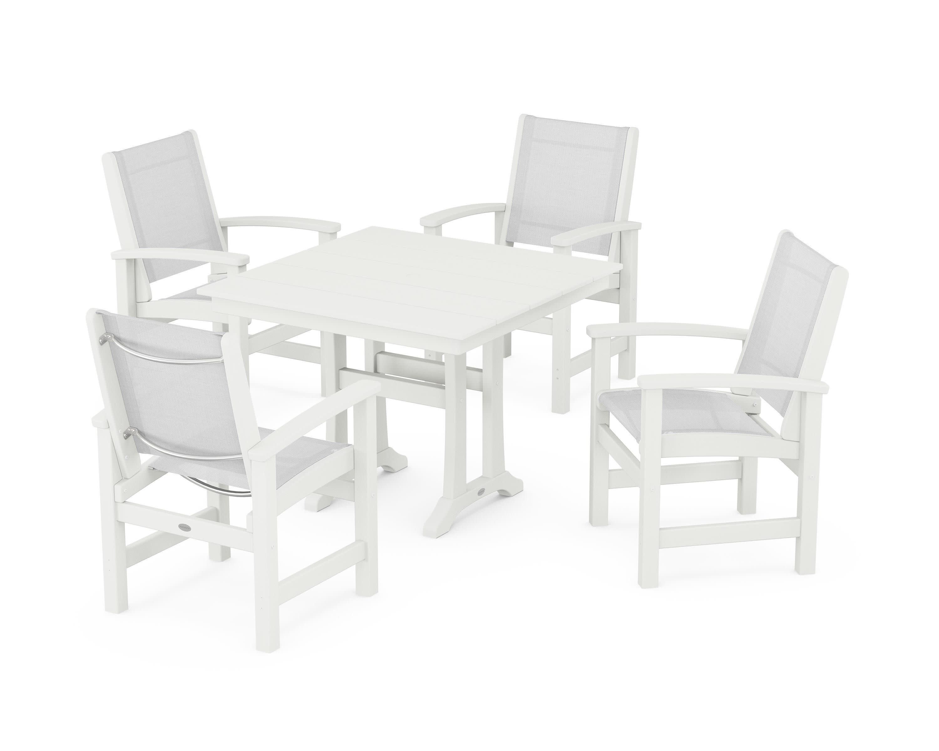 Coastal 5-Piece Farmhouse Dining Set With Trestle Legs in Vintage White / White Sling