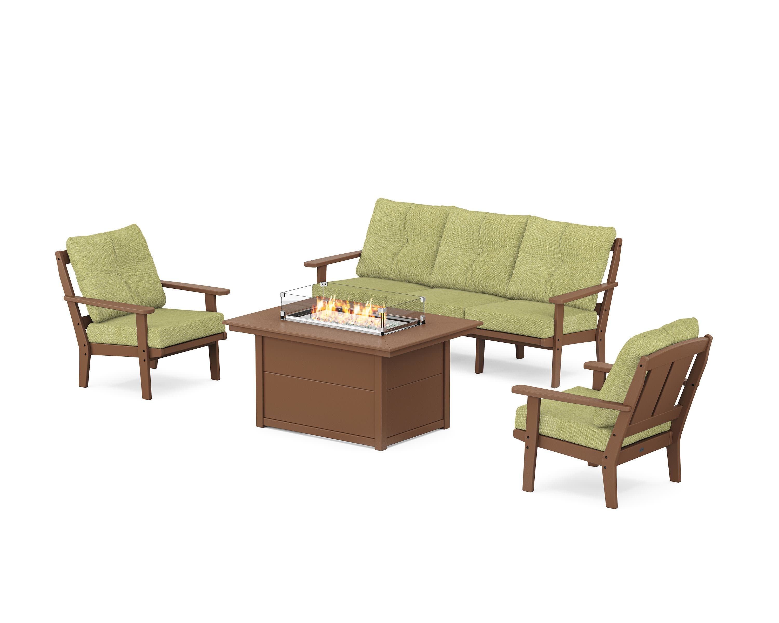 Mission Deep Seating Fire Pit Table Set in Teak / Chartreuse Boucle