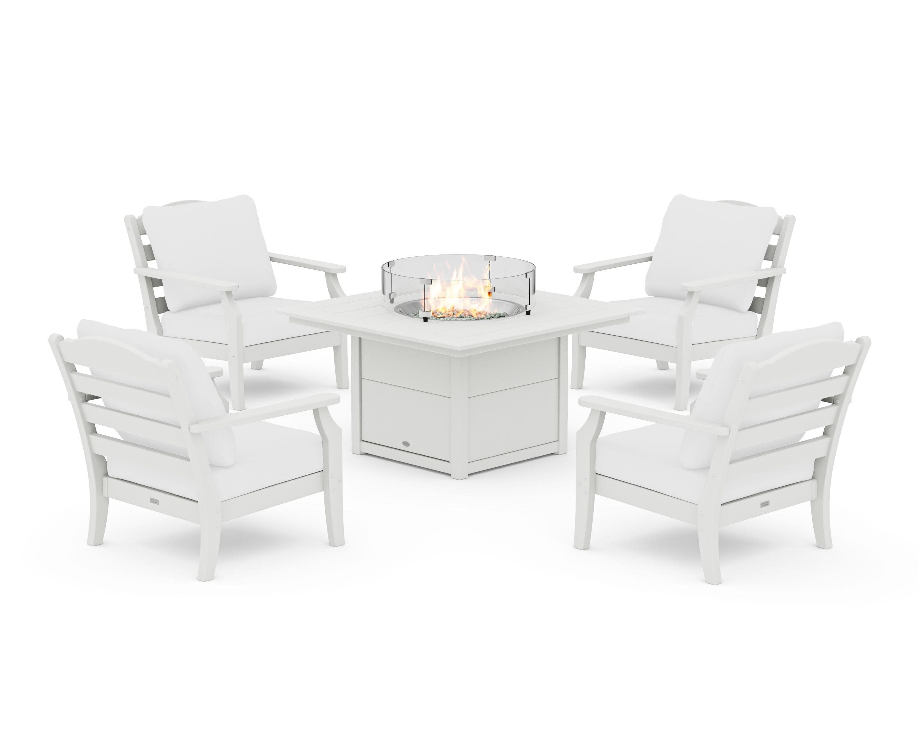 Savannah 5-Piece Deep Seating Set with Fire Pit Table in Vintage White / Natural