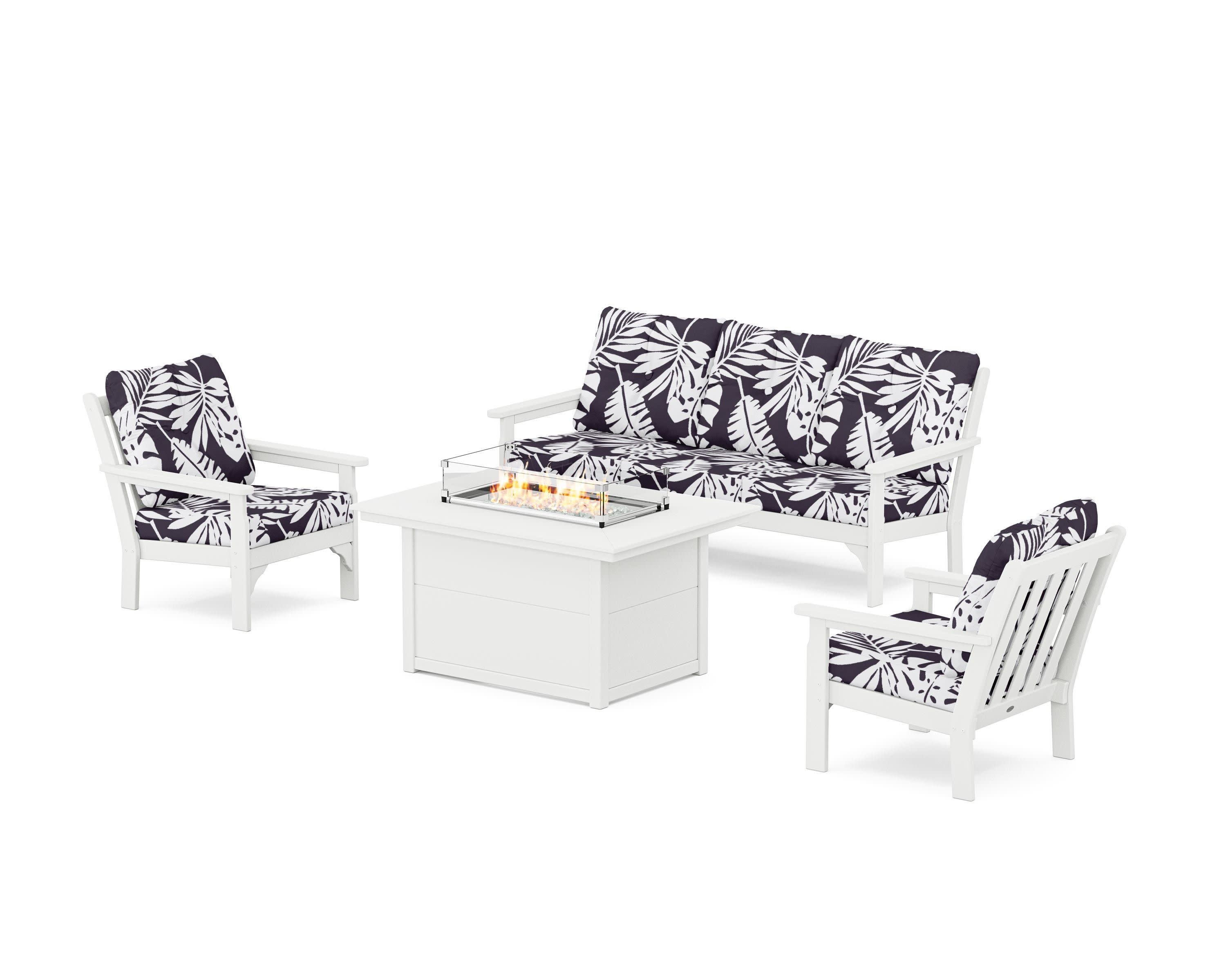 Vineyard Deep Seating Fire Pit Table Set in White / Leaf Navy