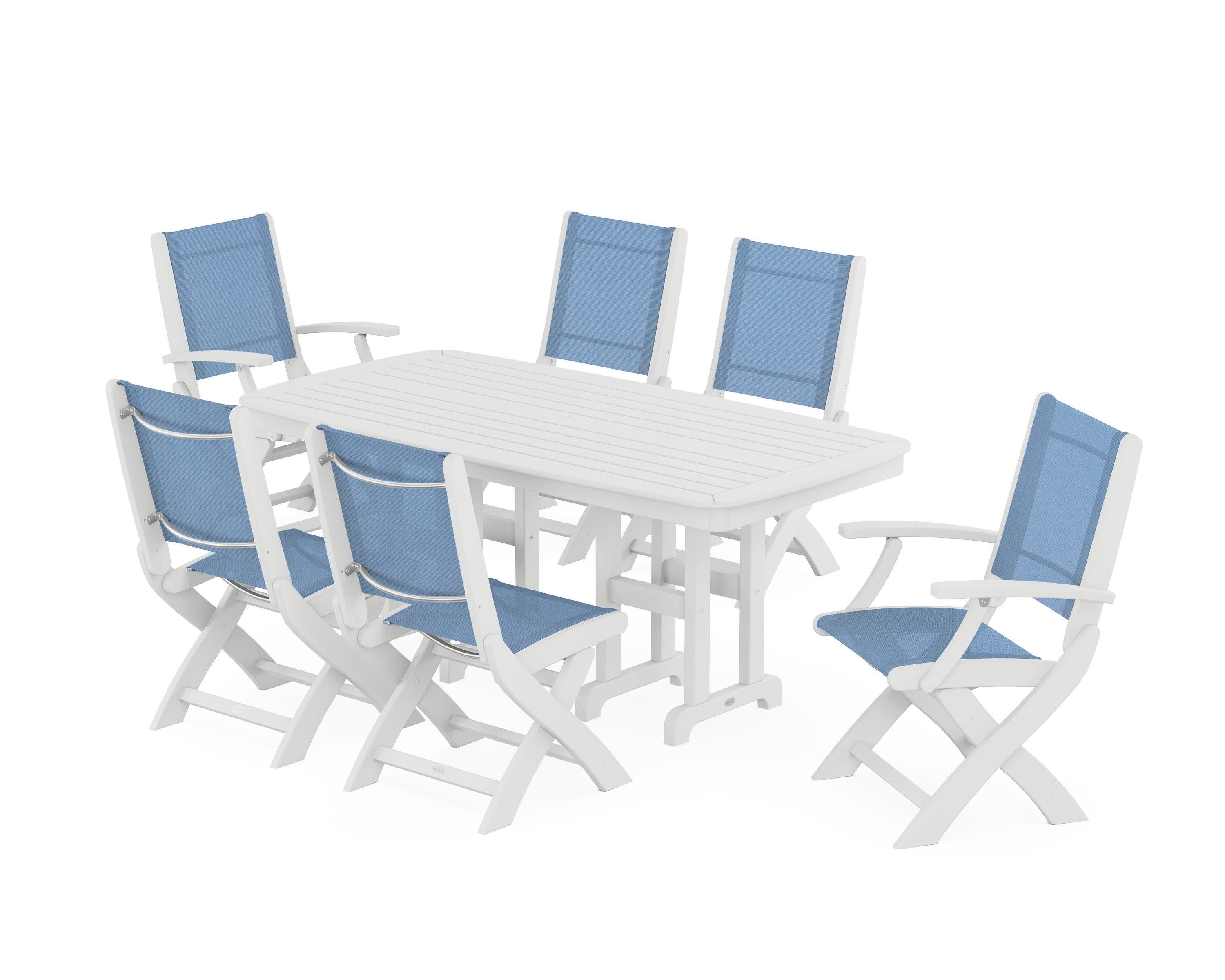 Coastal Folding Chair 7-Piece Dining Set in White / Poolside Sling