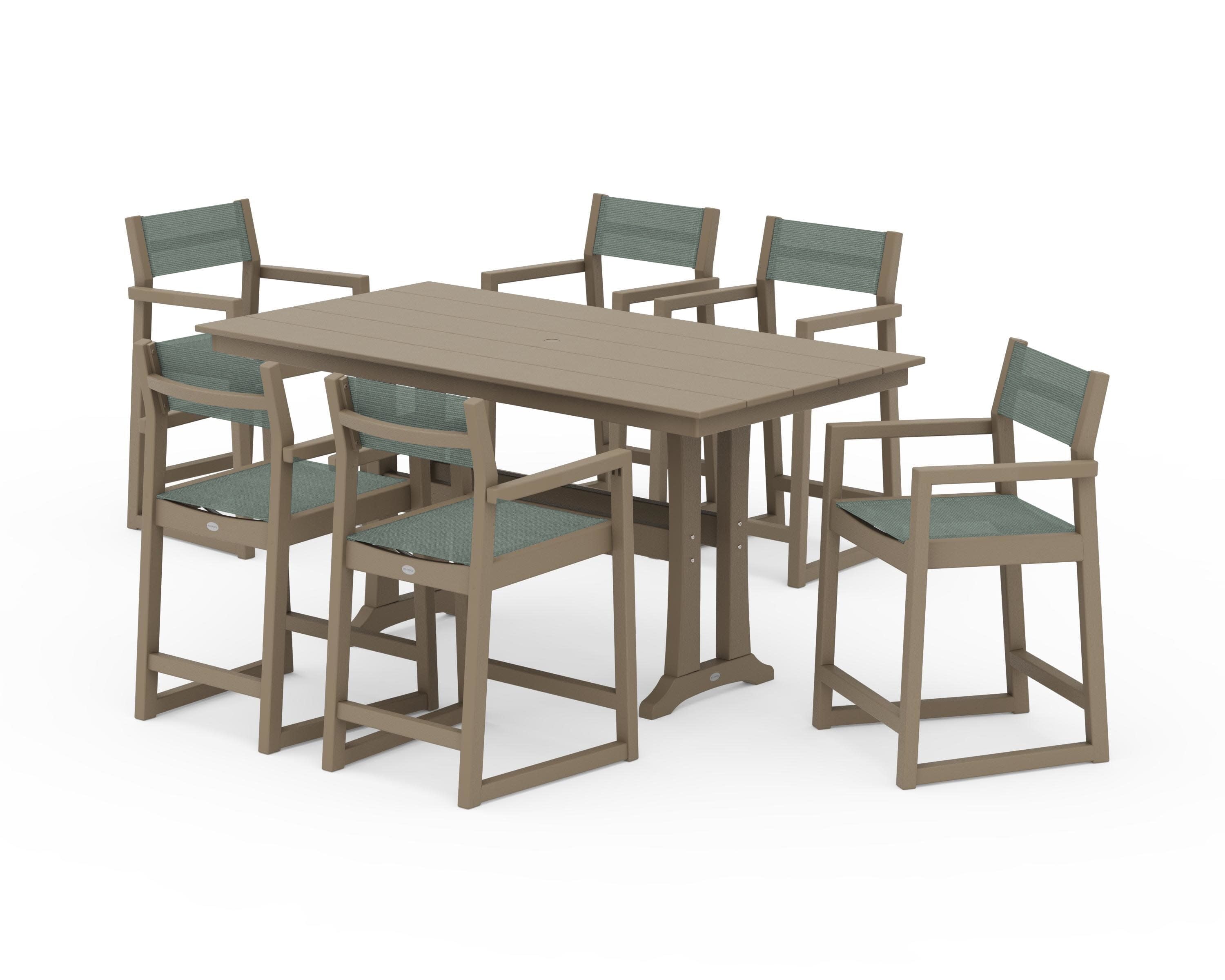 EDGE Sling Arm Chair 7-Piece Farmhouse Counter Set with Trestle Legs in Vintage Sahara / Dupioni Sea Mist Sling
