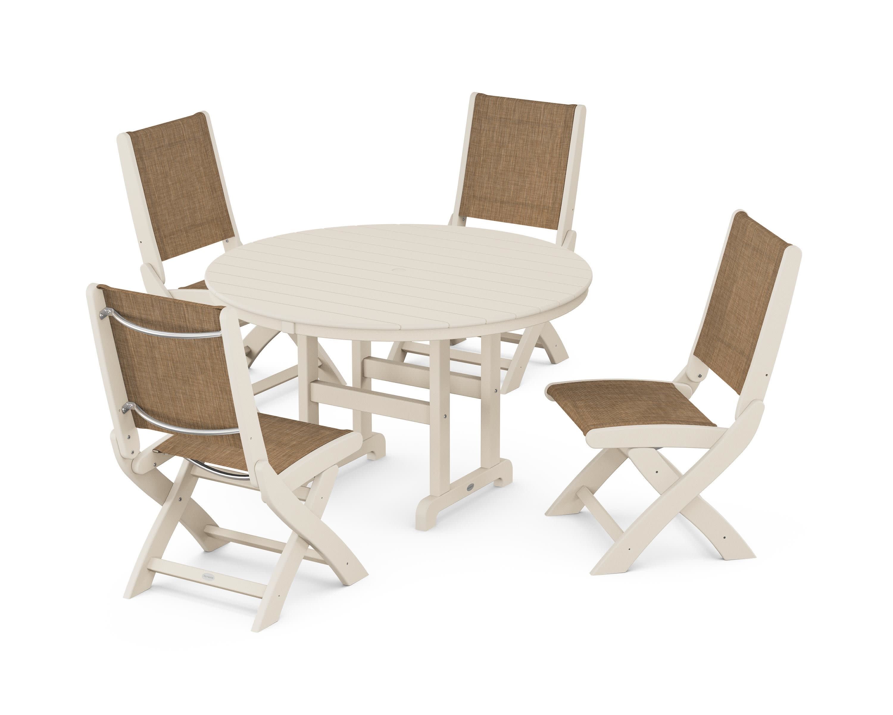 Coastal Folding Side Chair 5-Piece Round Dining Set in Sand / Burlap Sling