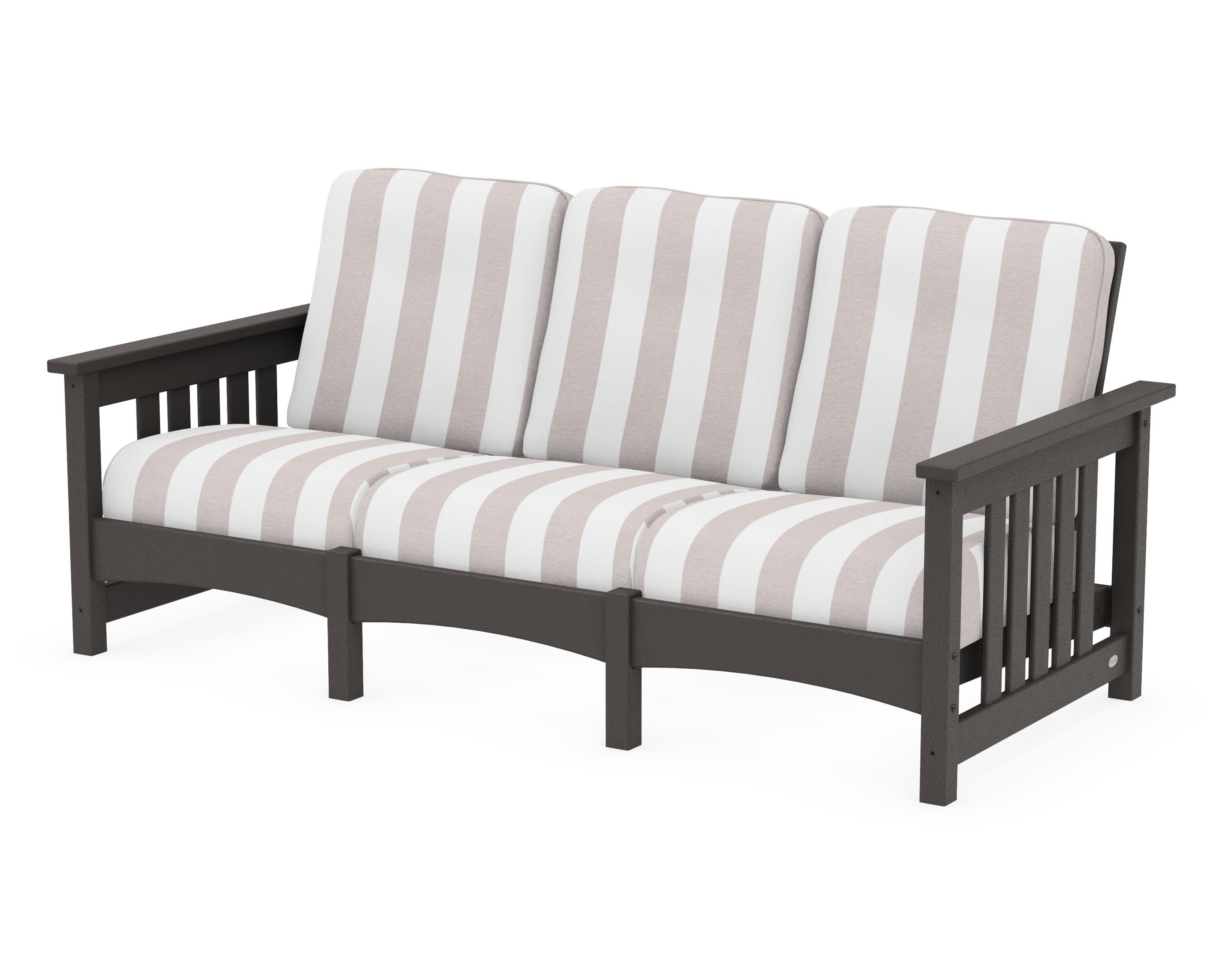 Club Mission Sofa in Vintage Coffee / Cabana Stripe Dune Burlap