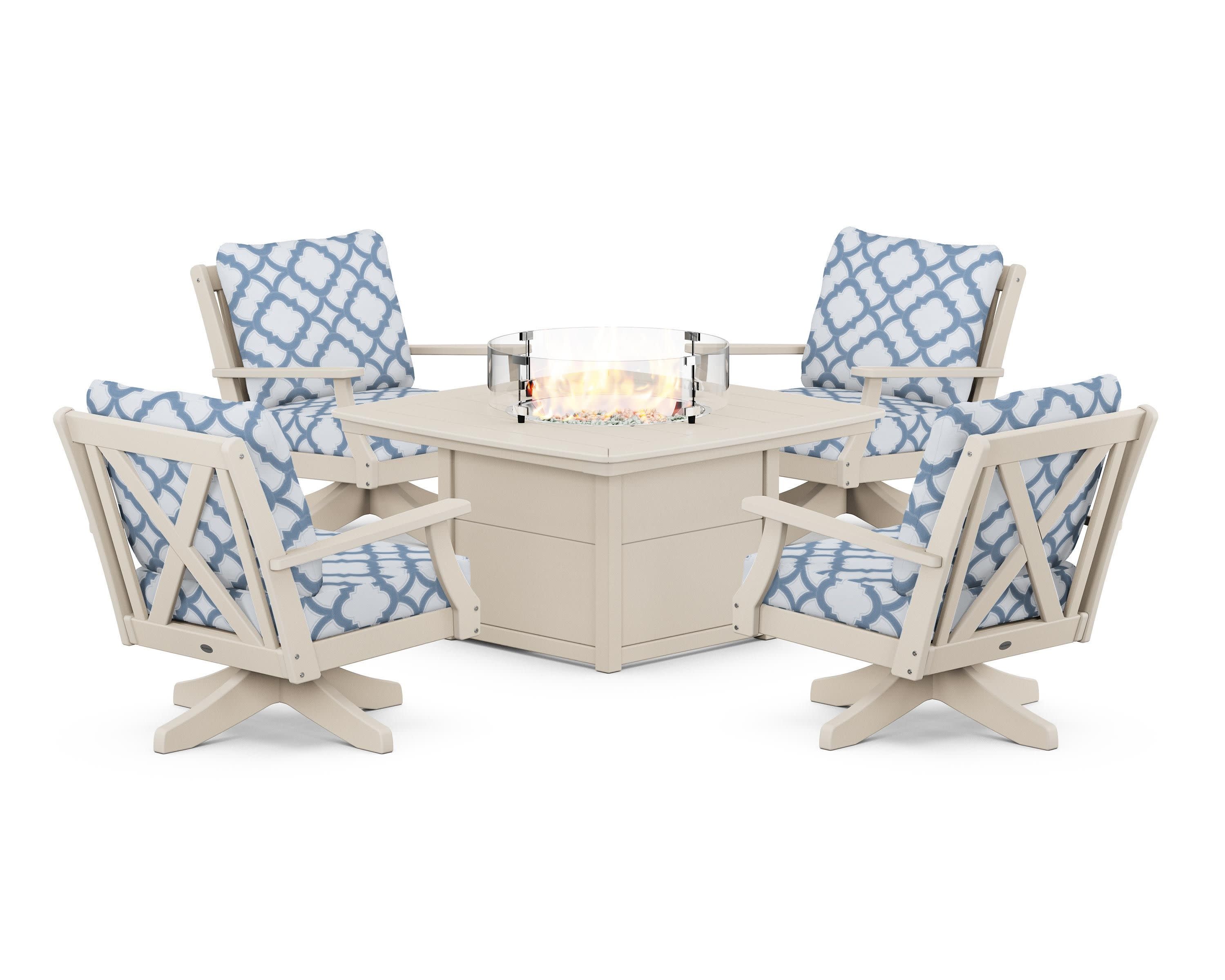 Braxton 5-Piece Deep Seating Swivel Conversation Set with Fire Pit Table in Sand / Trellis Sky Blue