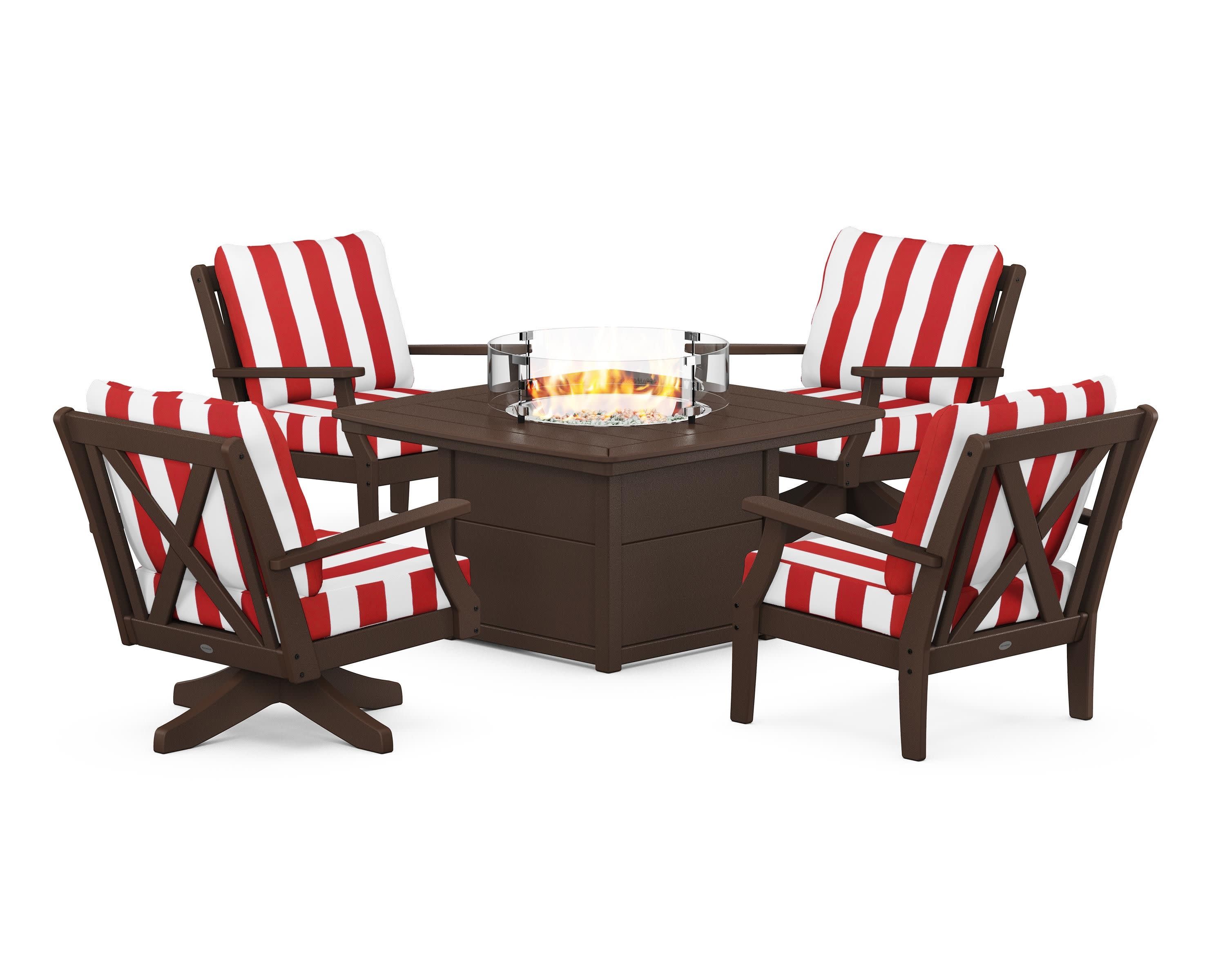 Braxton 5-Piece Deep Seating Set with Fire Table in Mahogany / Cabana Stripe Crimson