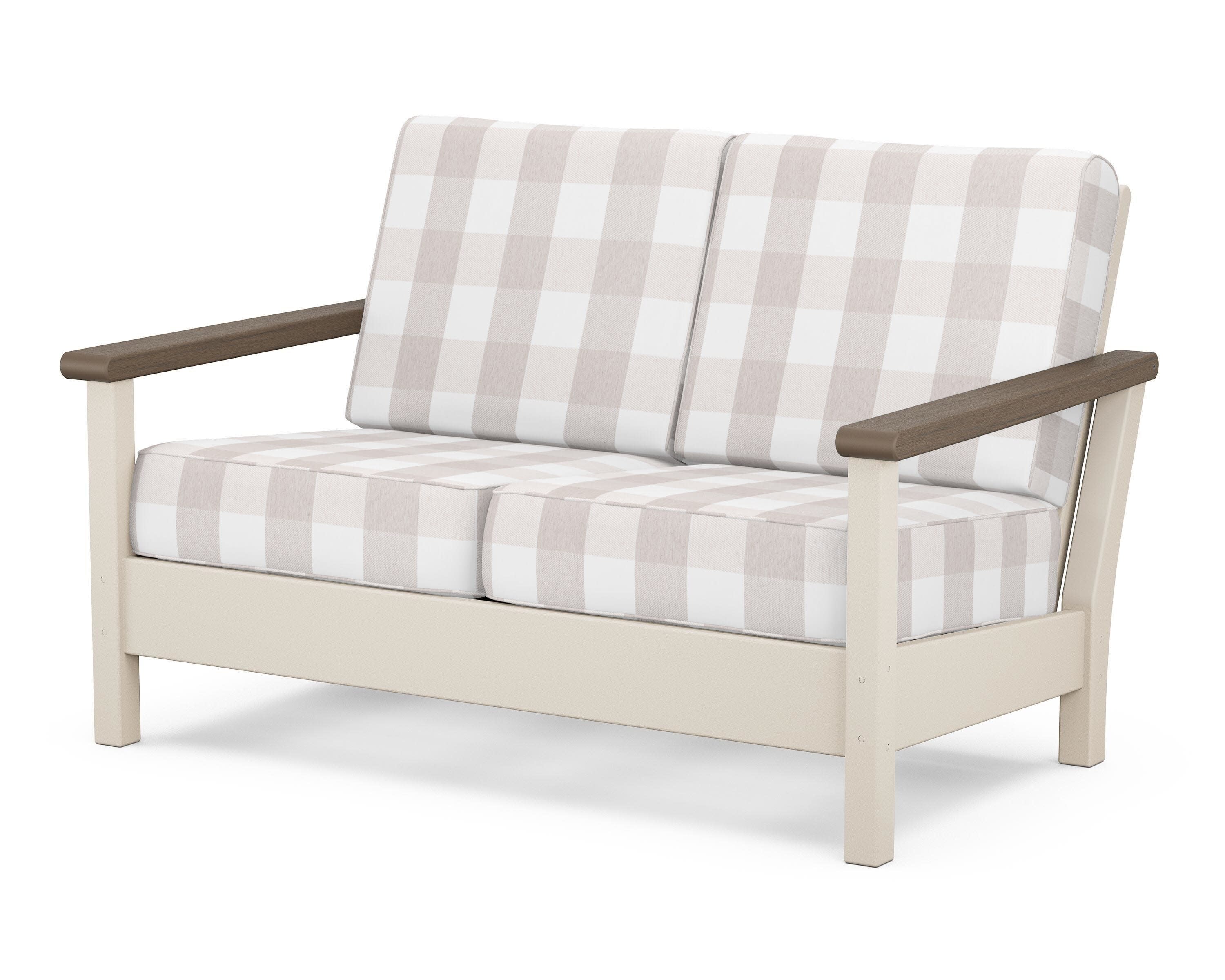 Harbour Deep Seating Loveseat in Sand / Kona / Buffalo Plaid Dune Burlap