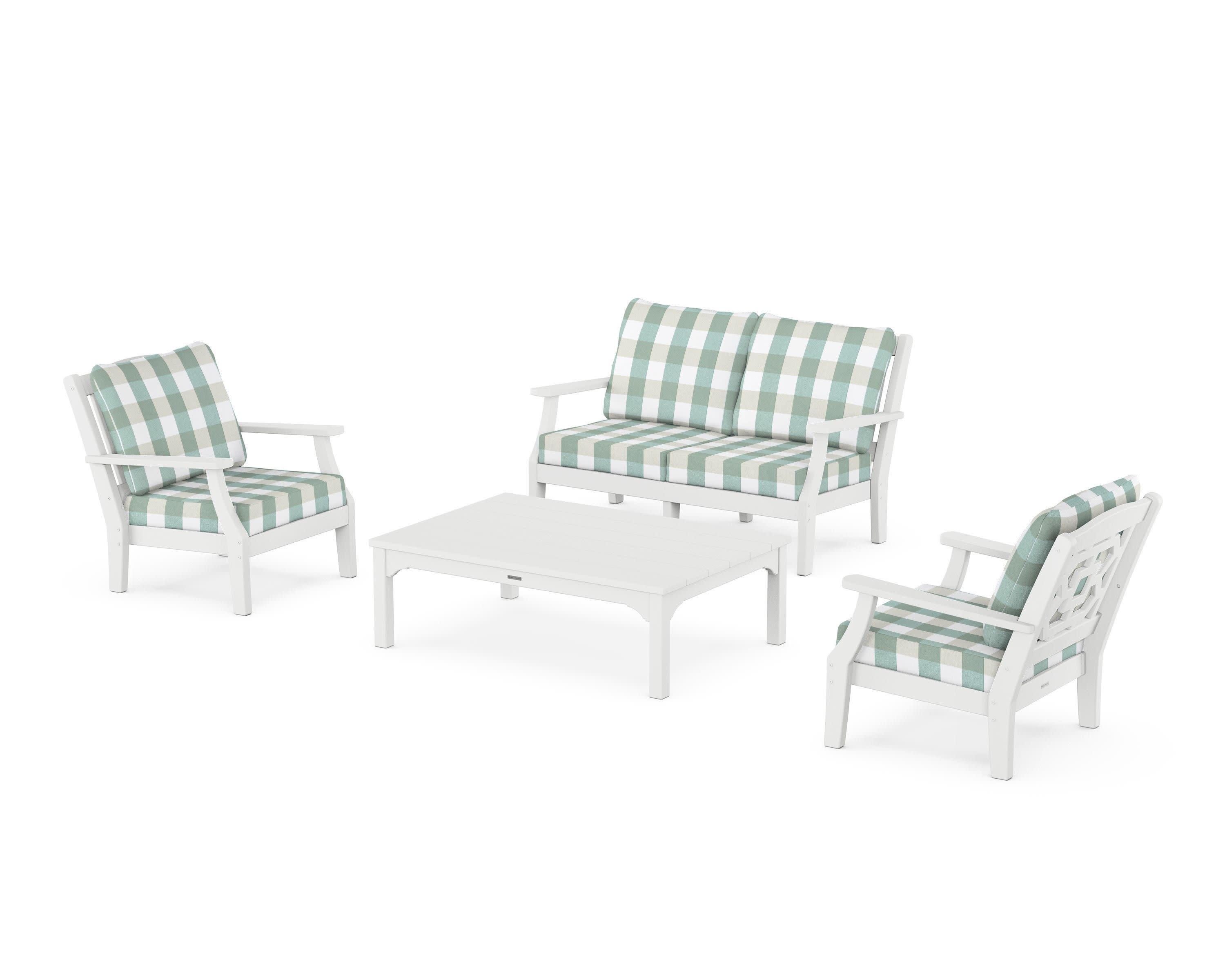 Chinoiserie 4-Piece Deep Seating Set with Loveseat in White / Buffalo Plaid Glacier Spa