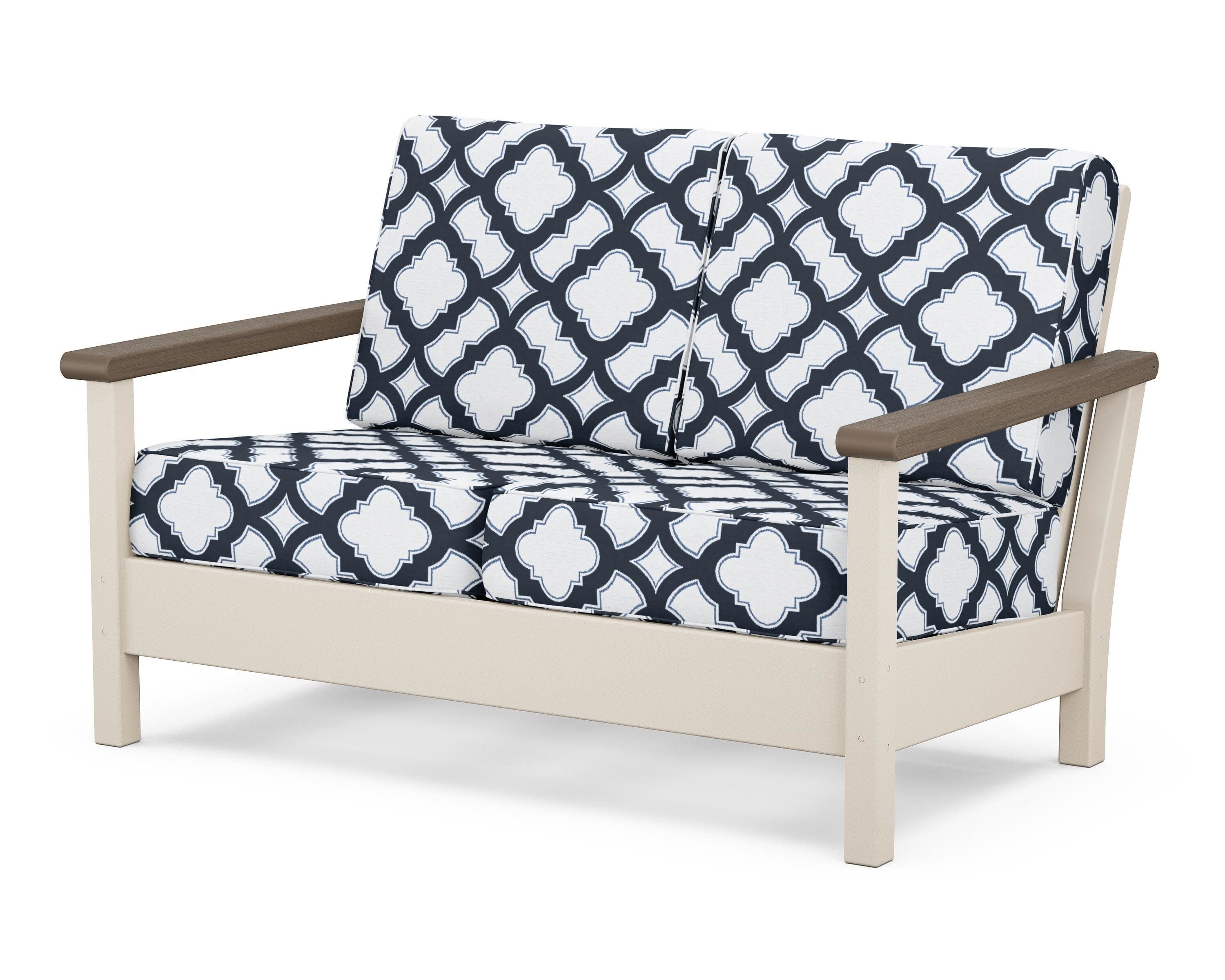 Harbour Deep Seating Loveseat in Sand / Kona / Trellis Marine Indigo
