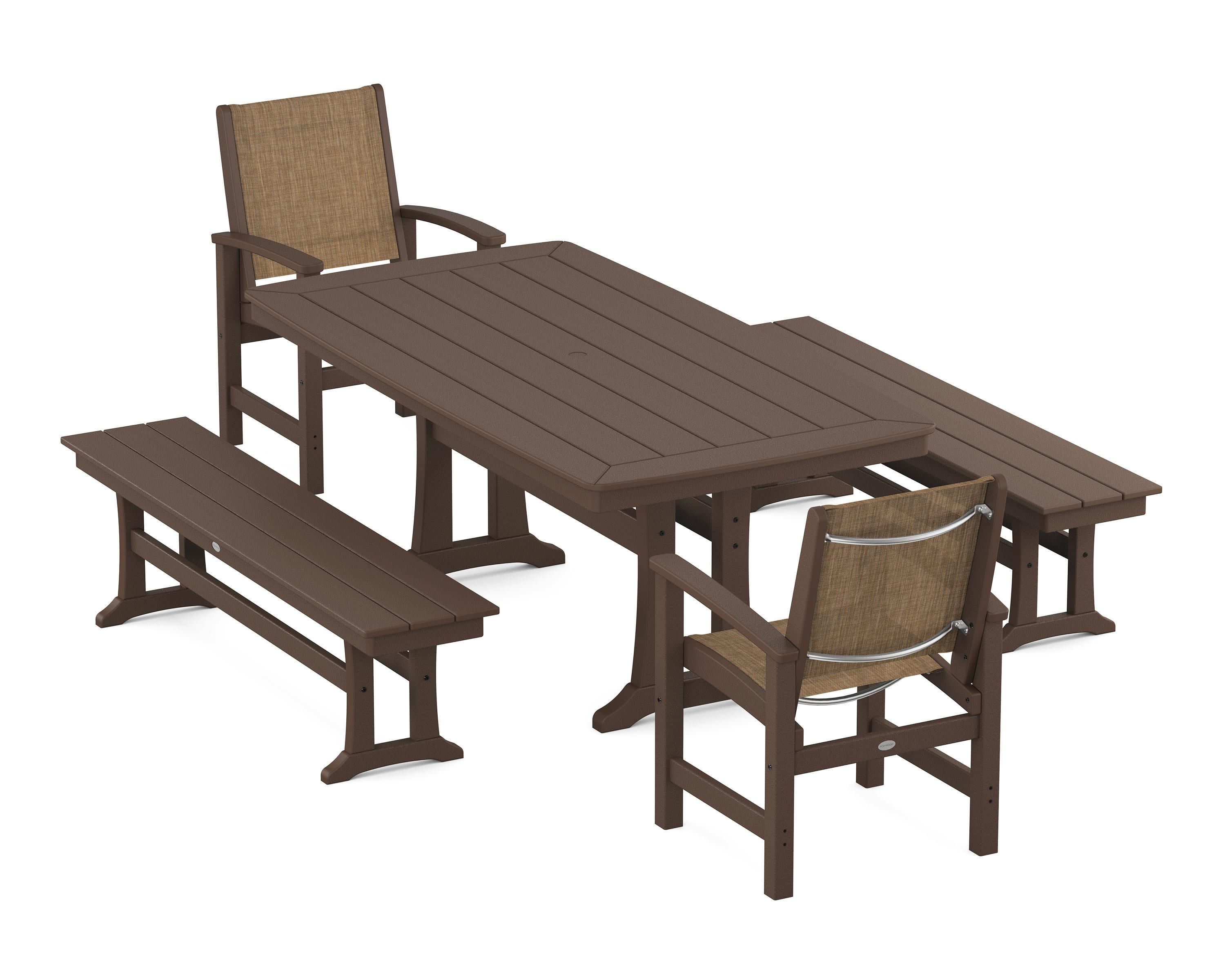 Coastal 5-Piece Dining Set with Trestle Legs and Benches in Mahogany / Burlap Sling