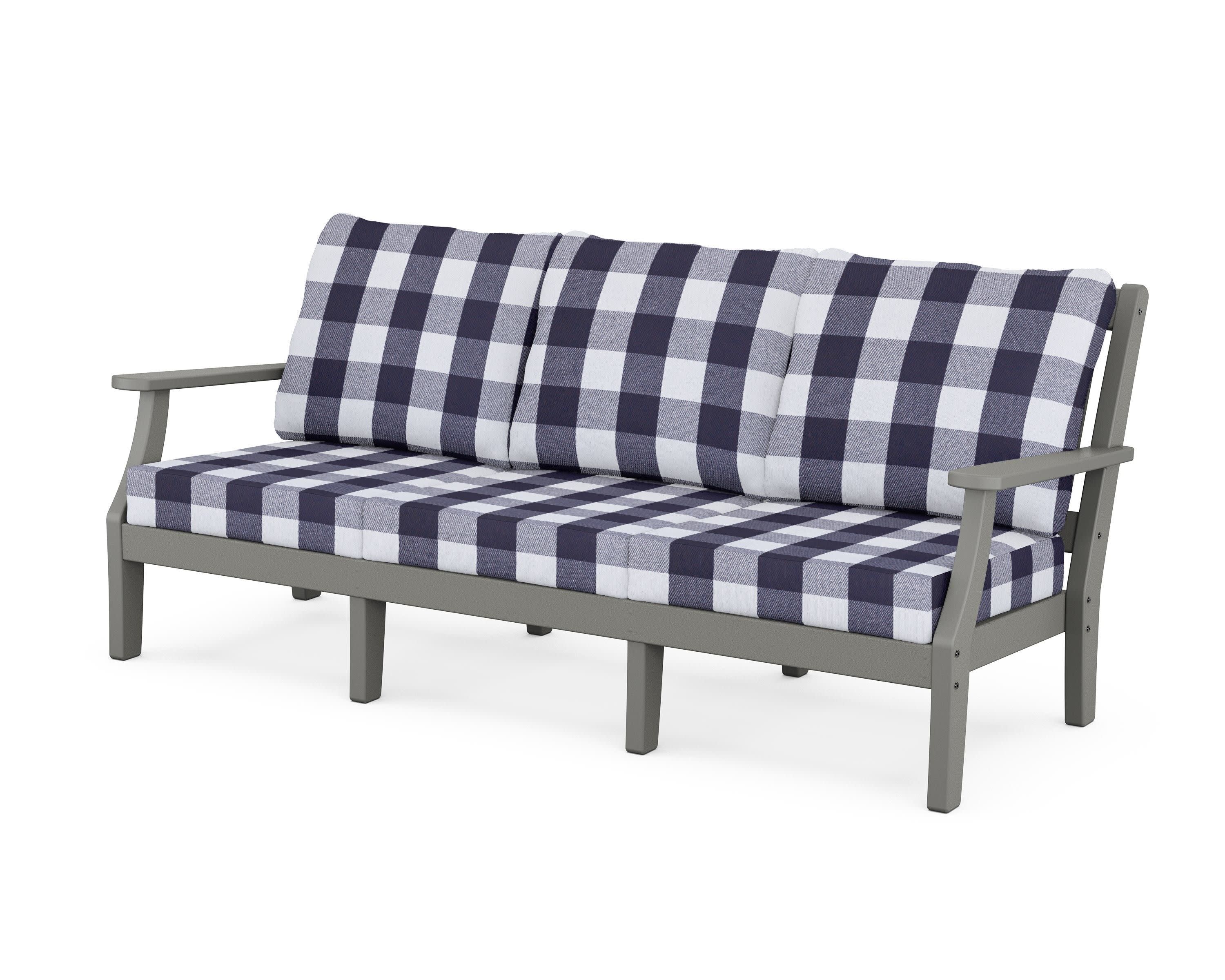 Chinoiserie Deep Seating Sofa in Slate Grey / Buffalo Plaid Navy