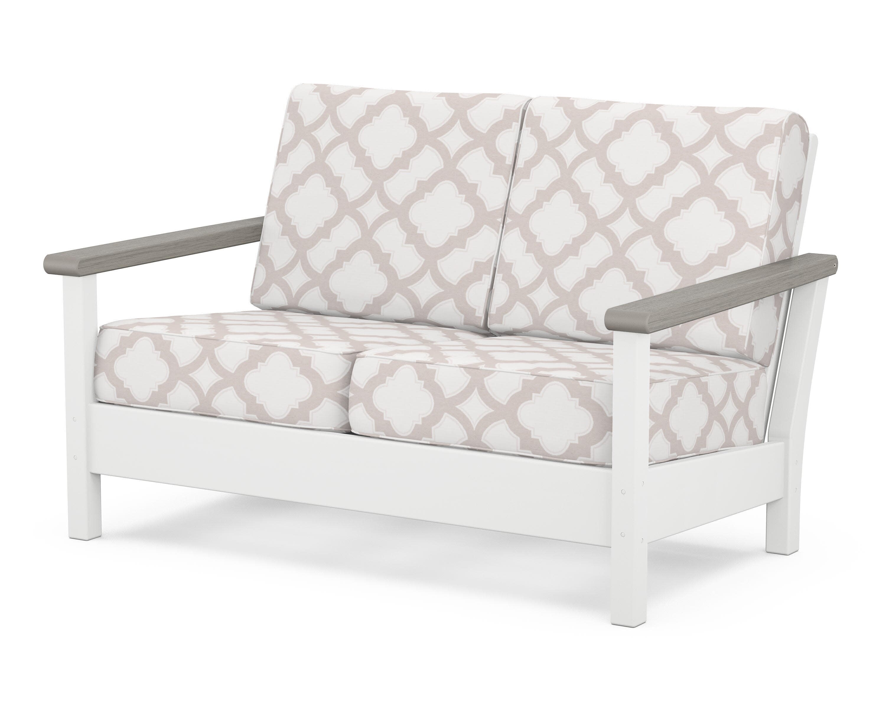 Harbour Deep Seating Loveseat in White / Driftwood / Trellis Dune Burlap