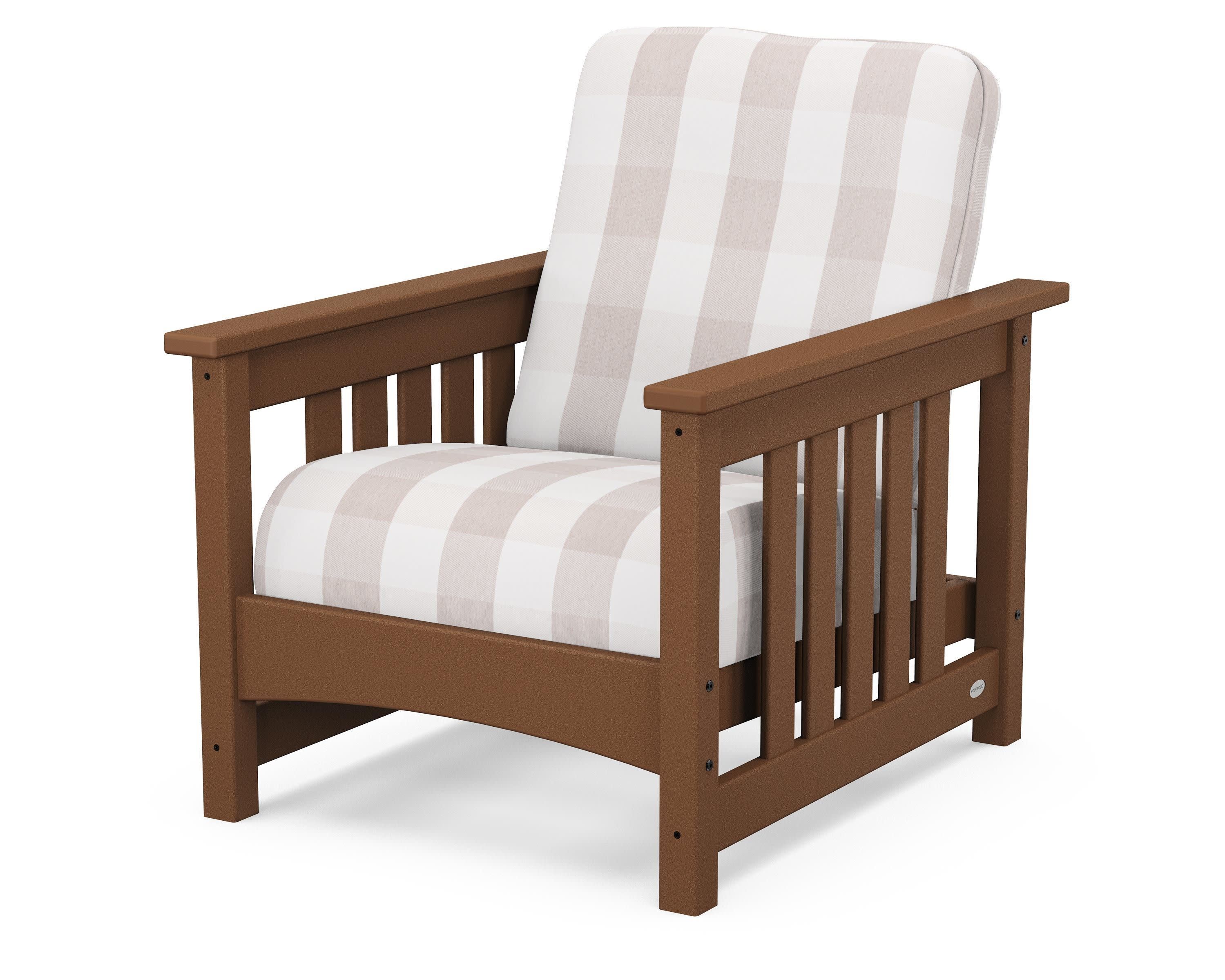 Club Mission Chair in Teak / Buffalo Plaid Dune Burlap