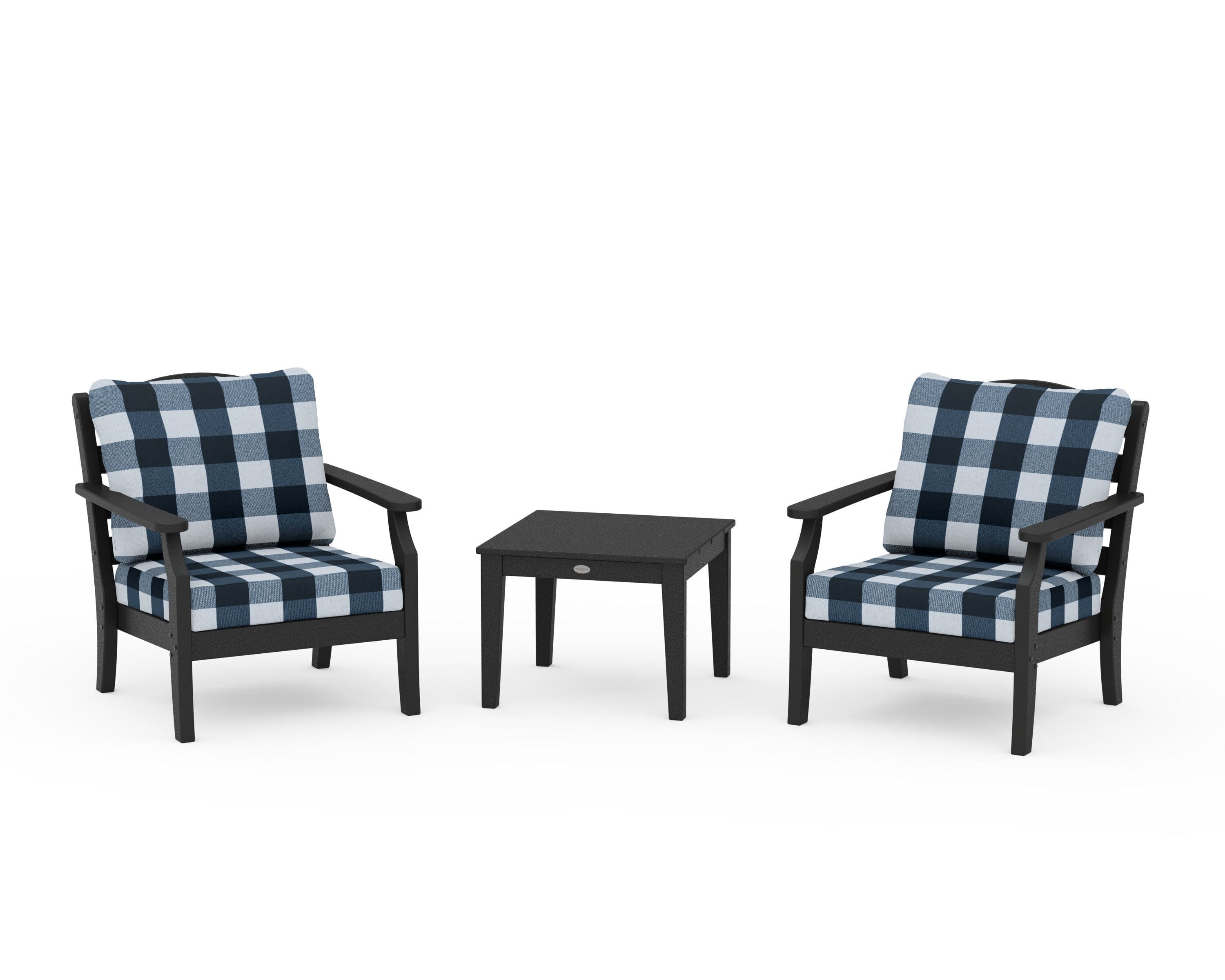Savannah 3-Piece Deep Seating Set in Black / Buffalo Plaid Marine Indigo