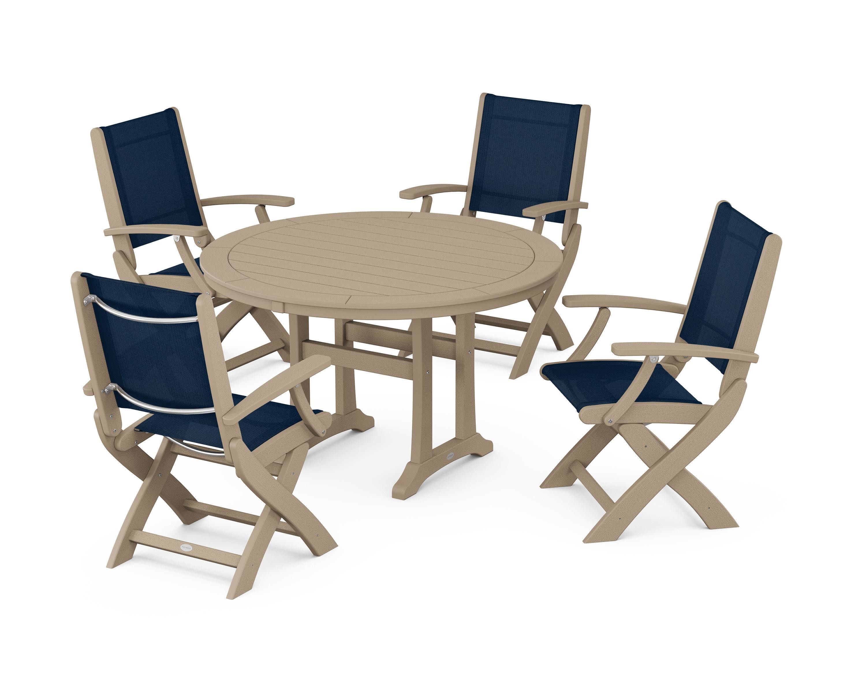 Coastal Folding Chair 5-Piece Round Dining Set with Trestle Legs in Vintage Sahara / Navy Blue Sling