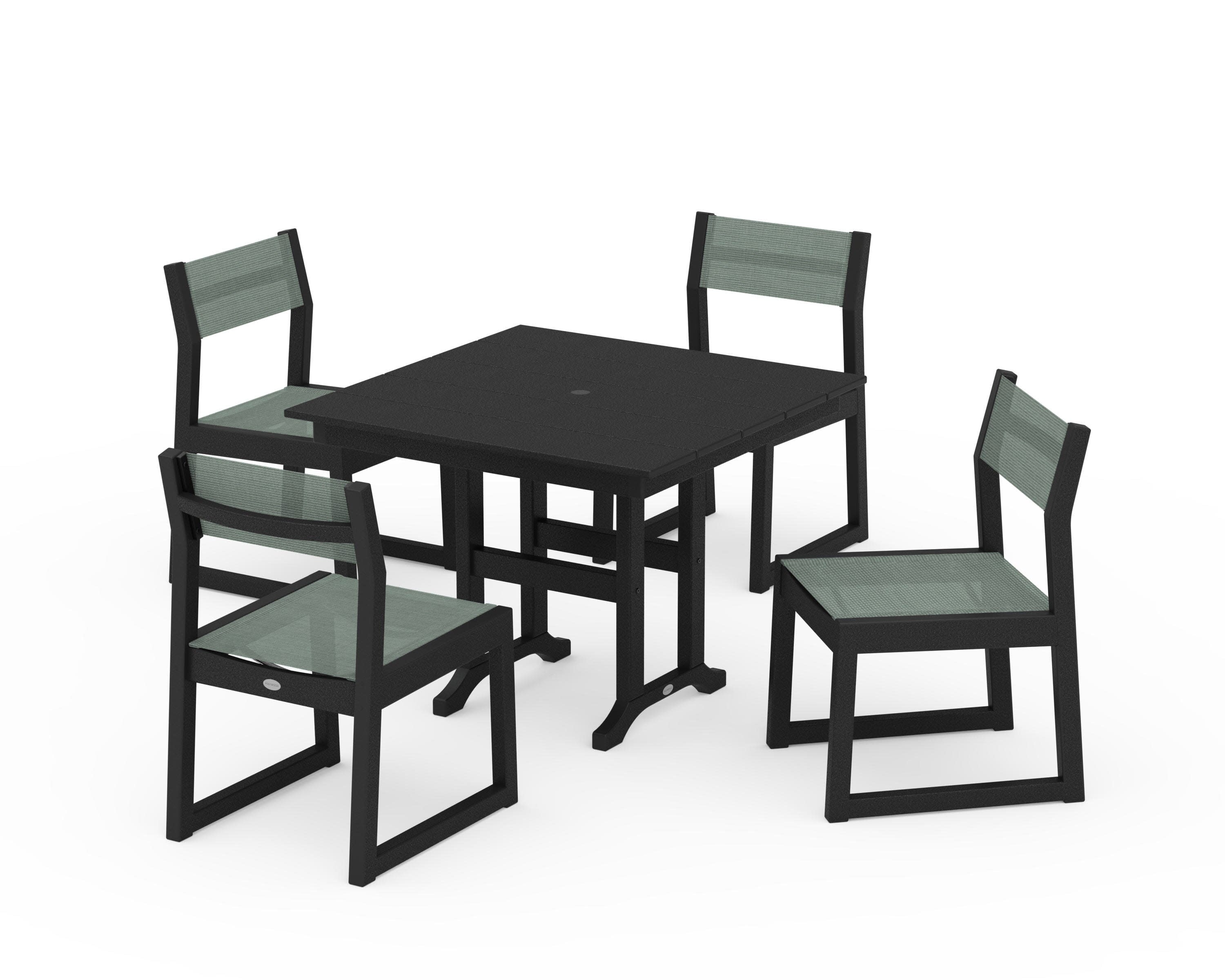 EDGE Sling Side Chair 5-Piece Farmhouse Dining Set in Black / Dupioni Sea Mist Sling