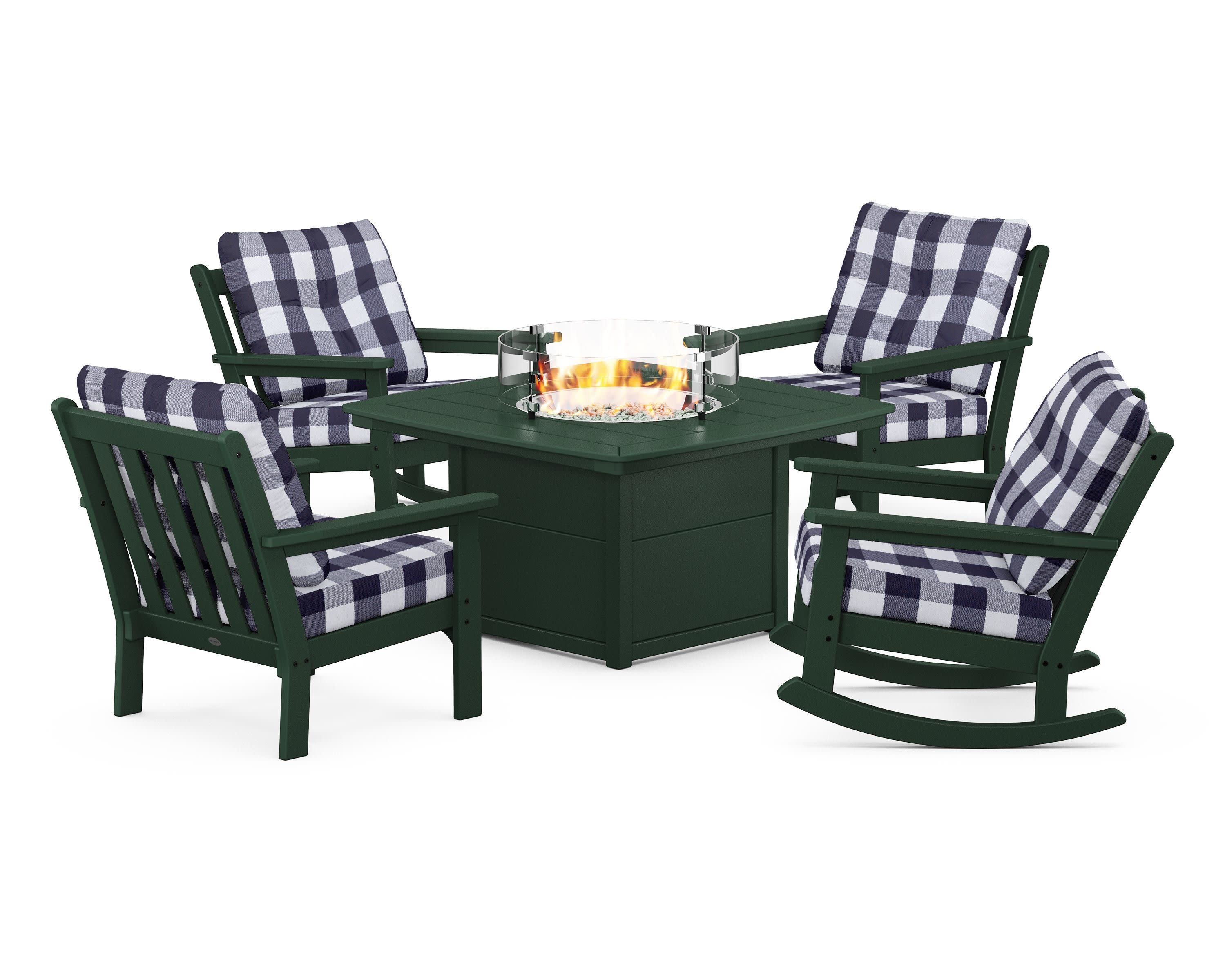 Vineyard 5-Piece Deep Seating Rocking Chair Conversation Set with Fire Pit Table in Green / Buffalo Plaid Navy