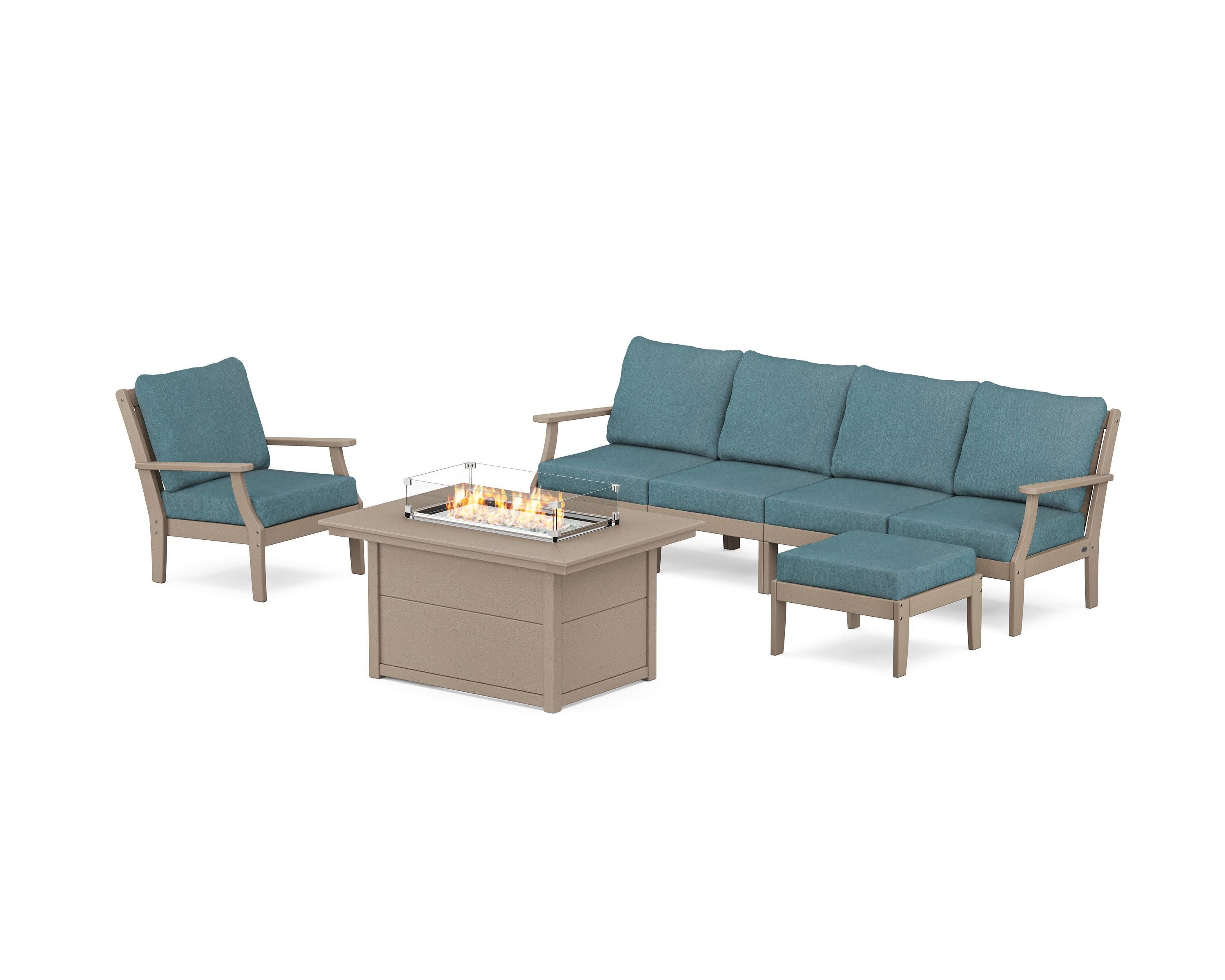 Braxton Sectional Lounge and Fire Pit Set in Vintage Sahara / Ocean Teal