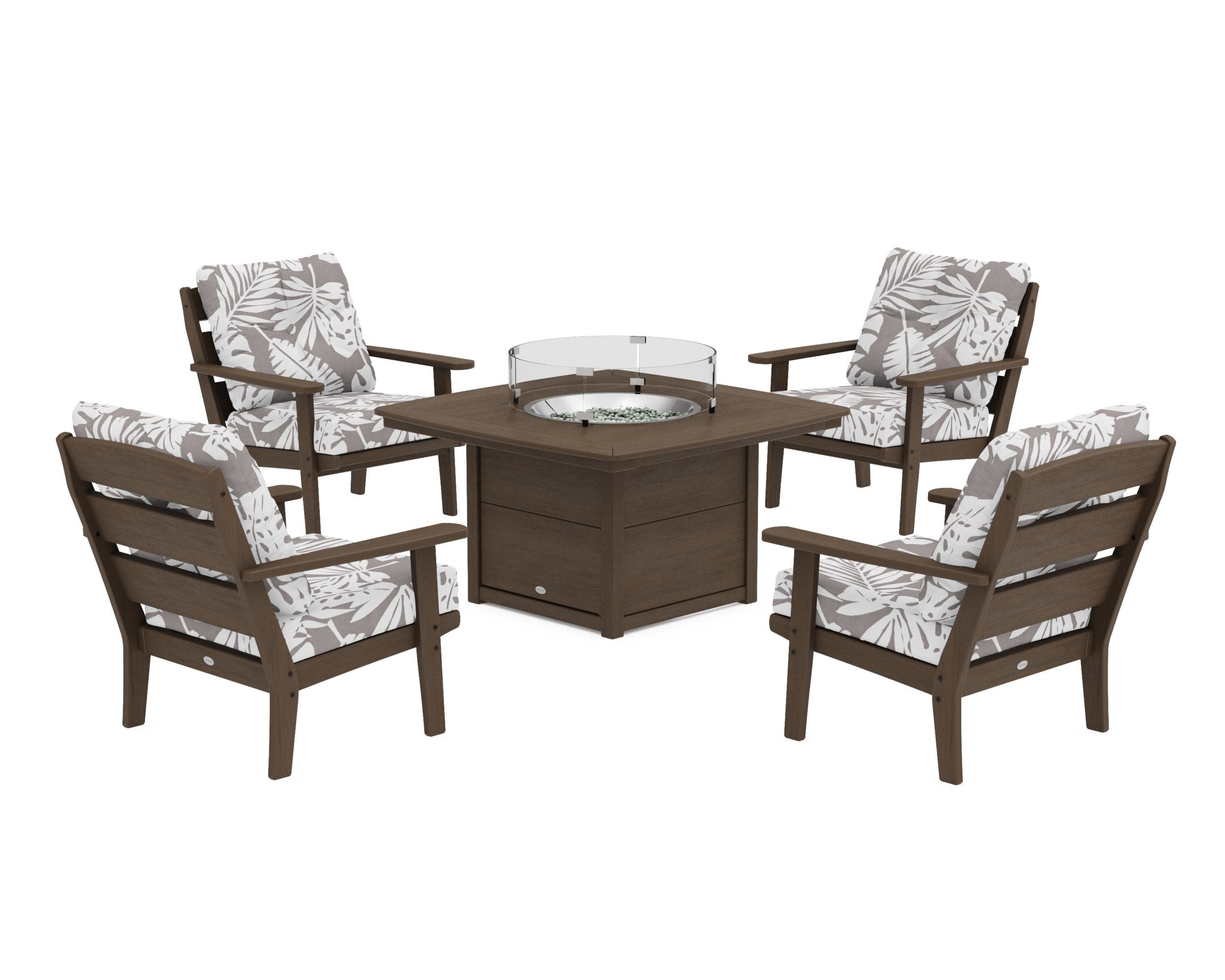 Lakeside 5-Piece Deep Seating Set with Nautical Fire Pit Table in Kona / Leaf Grey Mist