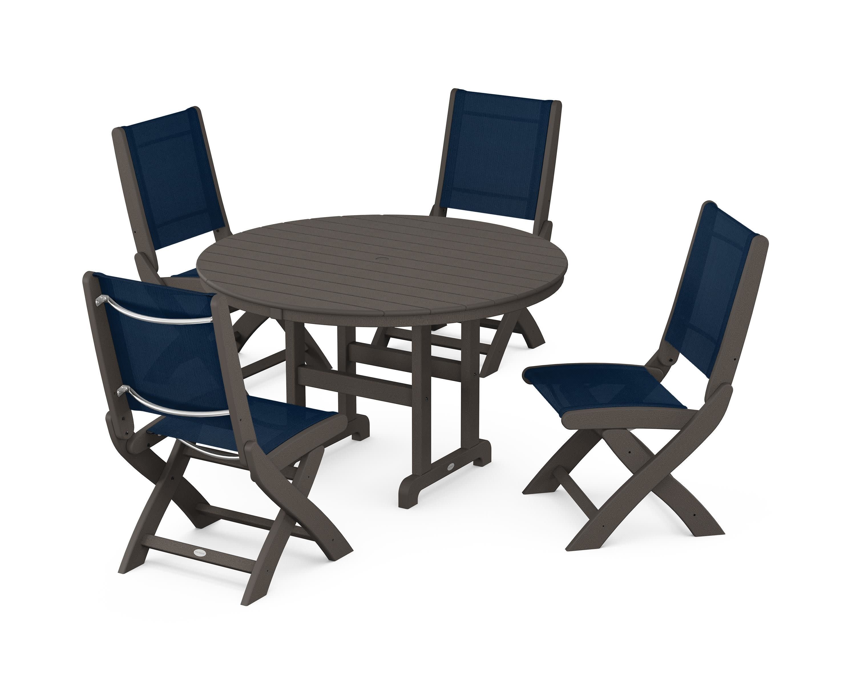 Coastal Folding Side Chair 5-Piece Round Dining Set in Vintage Coffee / Navy Blue Sling