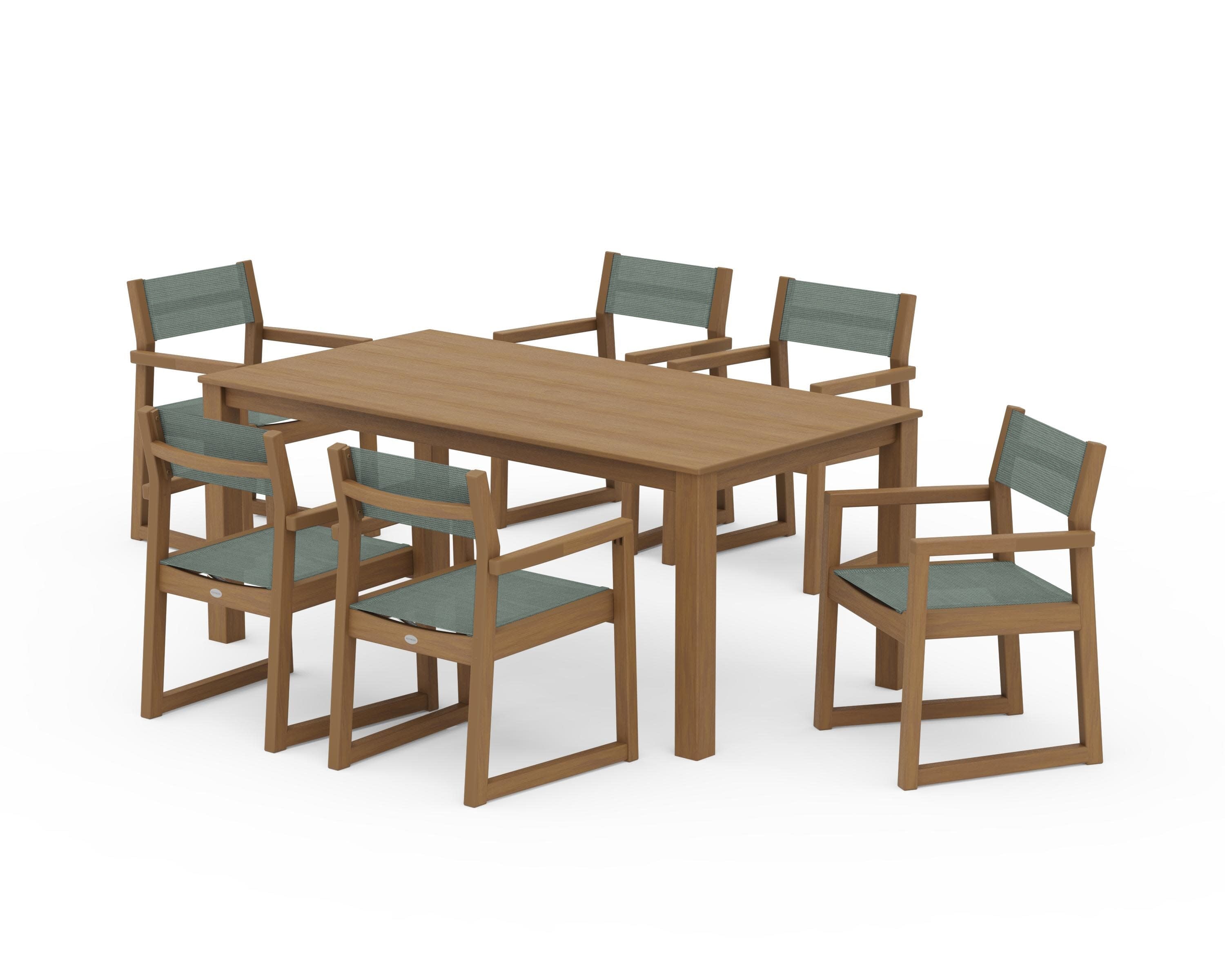 EDGE Sling Arm Chair 7-Piece Parsons Dining Set in Natural / Dupioni Sea Mist Sling