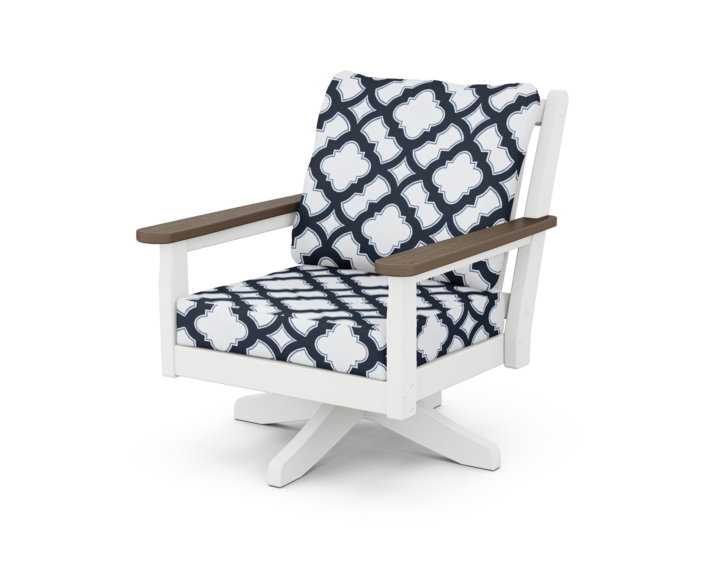 Chippendale Deep Seating Swivel Chair in White / Kona / Trellis Marine Indigo