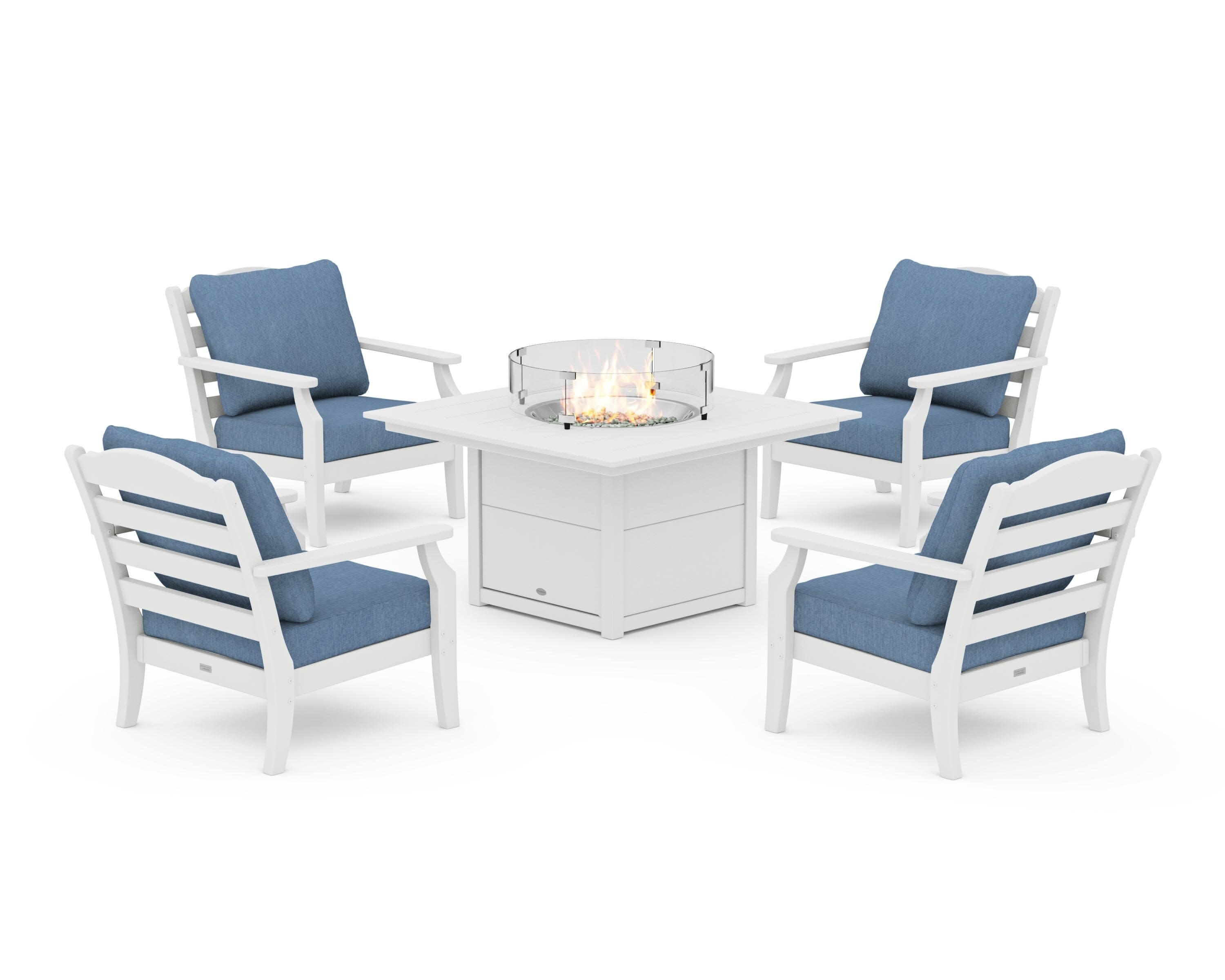 Savannah 5-Piece Deep Seating Set with Fire Pit Table in White / Sky Blue