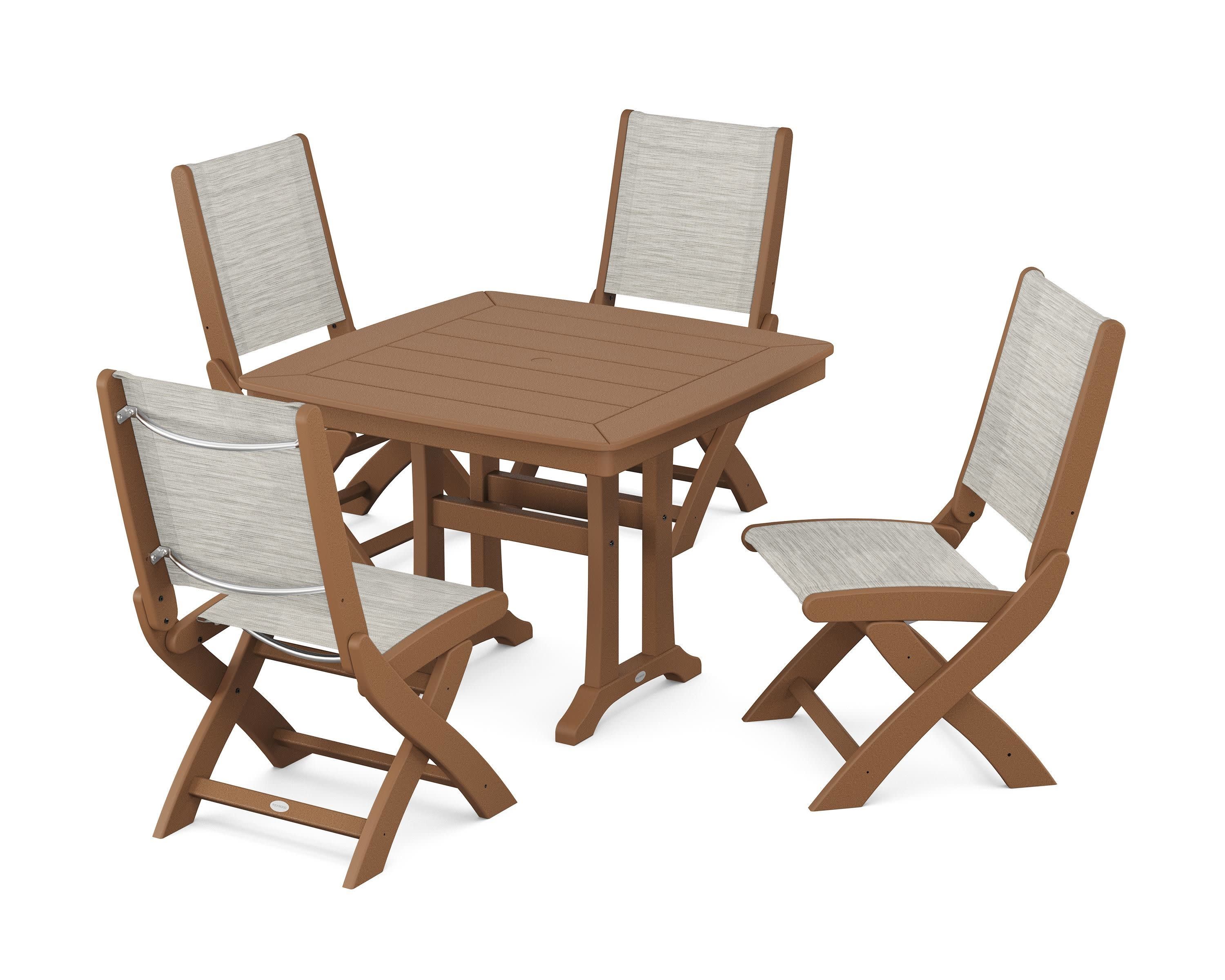 Coastal Folding Side Chair 5-Piece Dining Set with Trestle Legs in Teak / Birch Sling