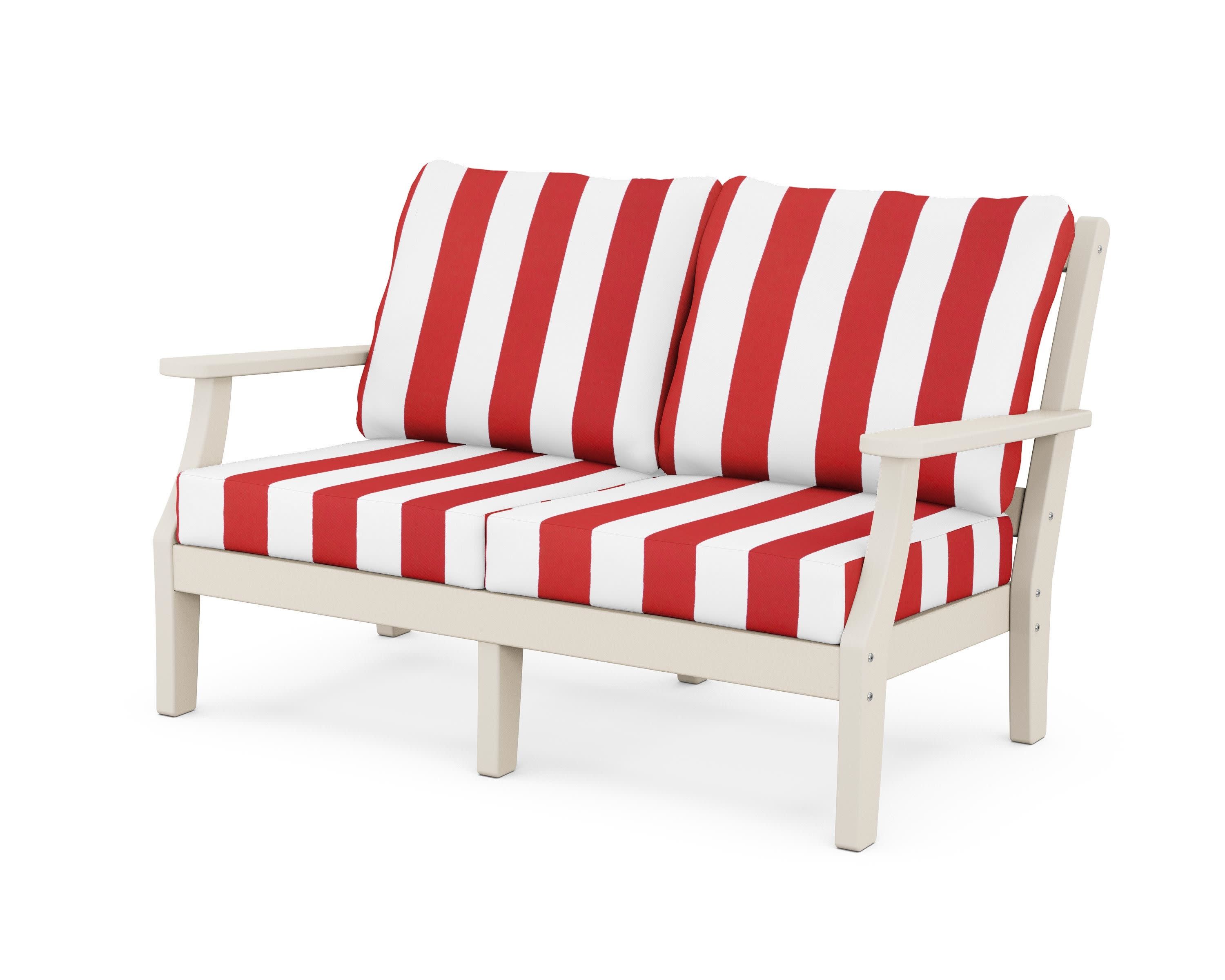 Chinoiserie Deep Seating Loveseat in Sand / Cabana Stripe Crimson