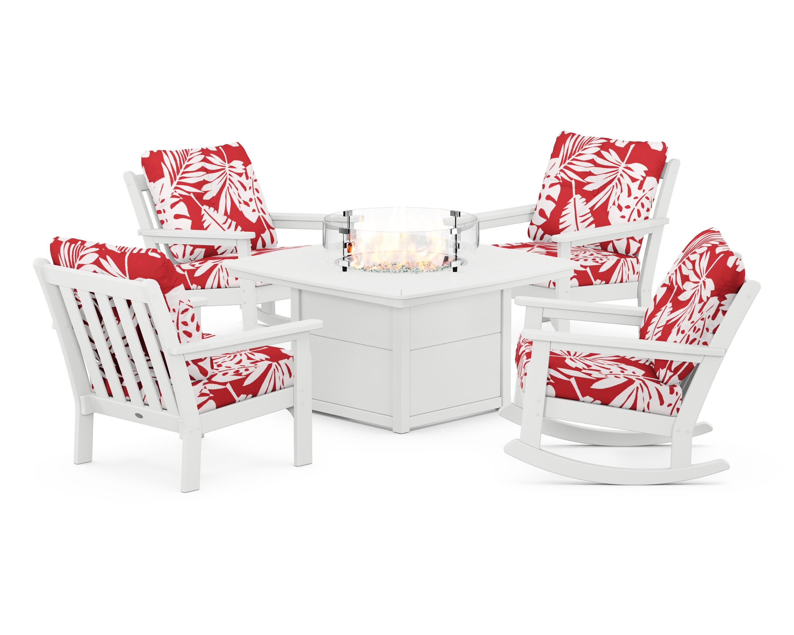 Vineyard 5-Piece Deep Seating Rocking Chair Conversation Set with Fire Pit Table in White / Leaf Crimson