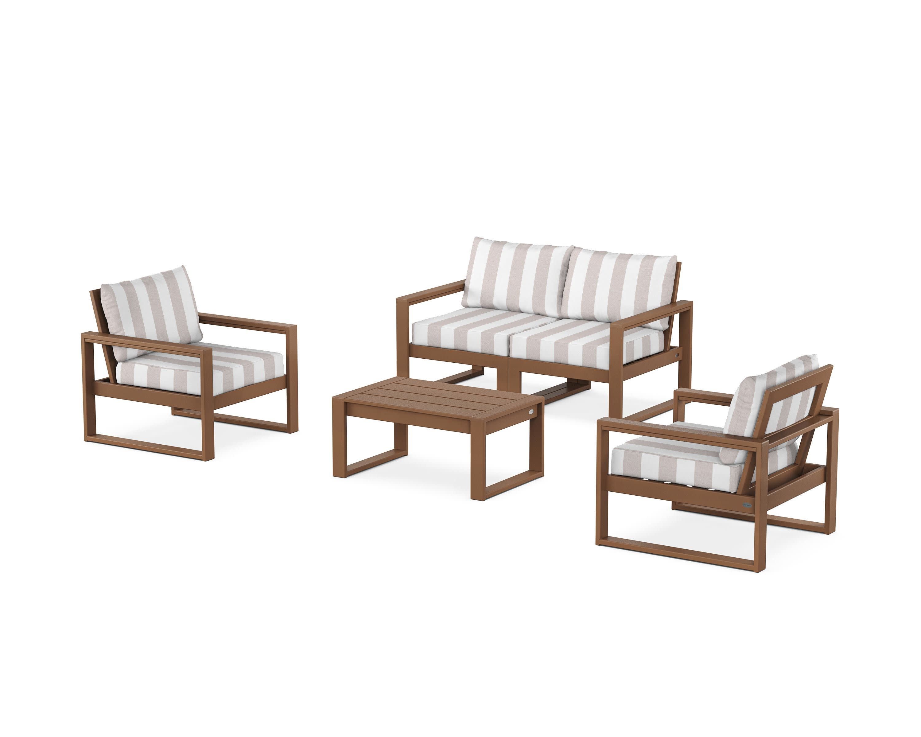 EDGE Sectional 4-Piece Deep Seating Set with Loveseat in Teak / Cabana Stripe Dune Burlap
