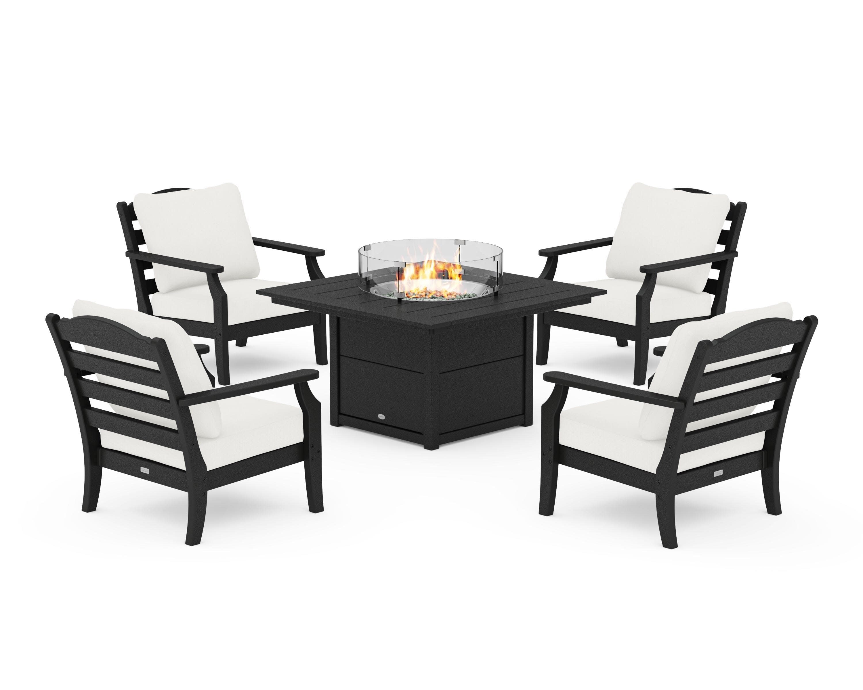 Savannah 5-Piece Deep Seating Set with Fire Pit Table in Black / Natural Linen