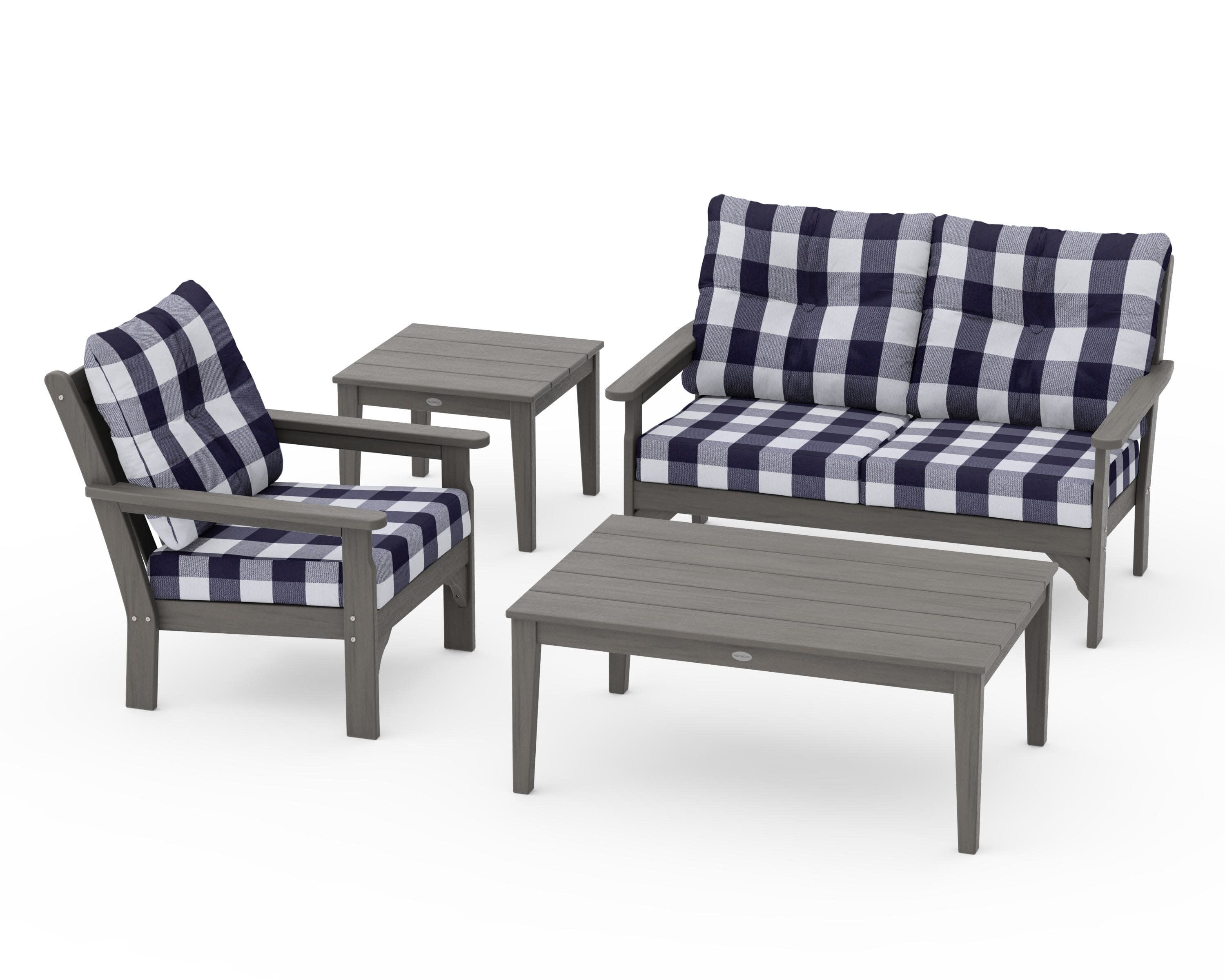 Vineyard 4-Piece Deep Seating Set in Driftwood / Buffalo Plaid Navy